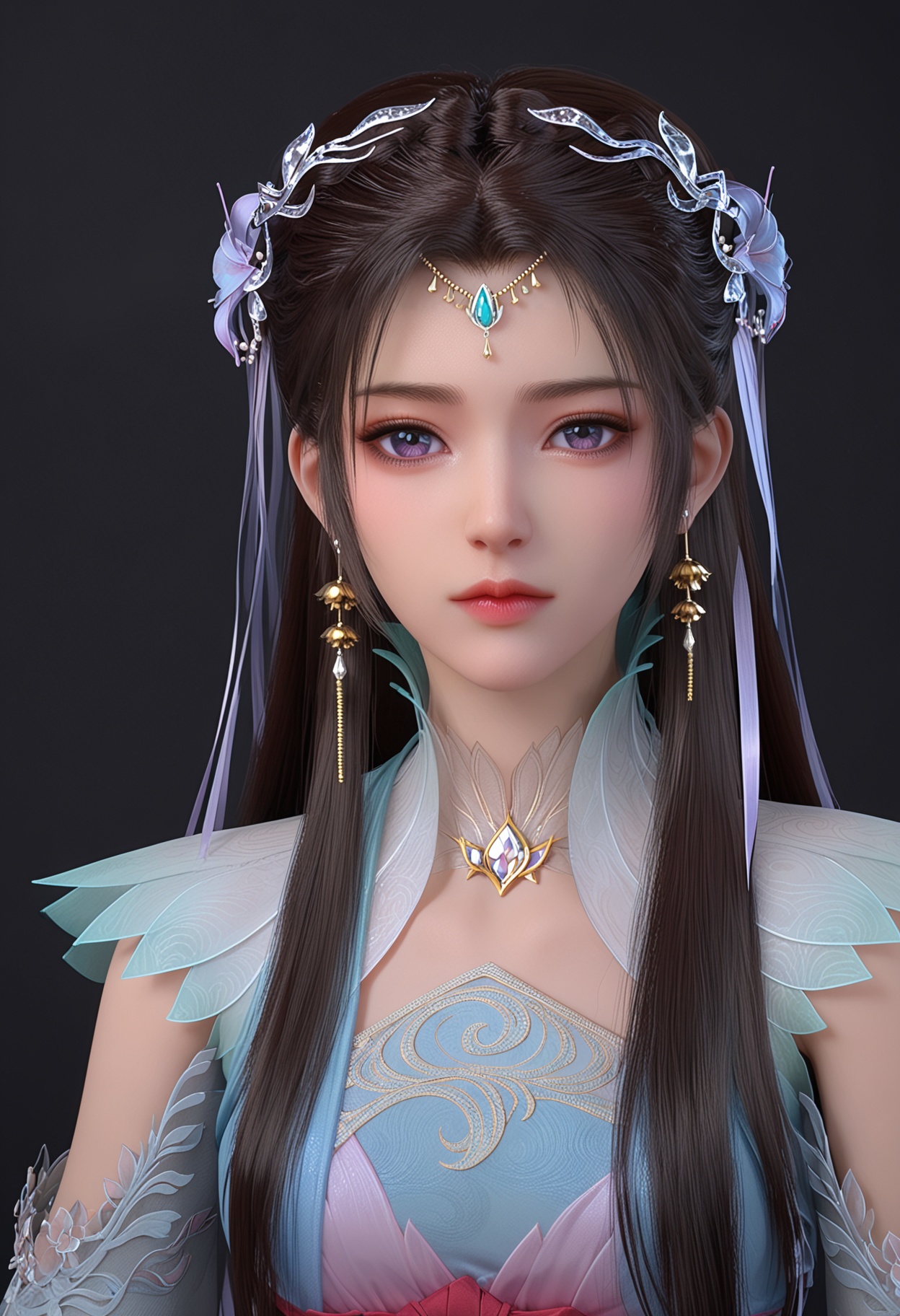 (upper_body:1.2),(looking at viewer:1.1),facing viewer,direct gaze,<lora:YQ_pony_yiwenjun_V5:0.8>,1girl,q1528437228,solo,long hair,hair ornament,jewelry,earrings,dress,black hair,brown hair,sash,blue dress,hair bun,detached sleeves,forehead mark,long sleeves,purple eyes,hair flower,necklace,blue eyes,purple footwear,BREAK simple background,pure black background,black background,perfect anatomy,