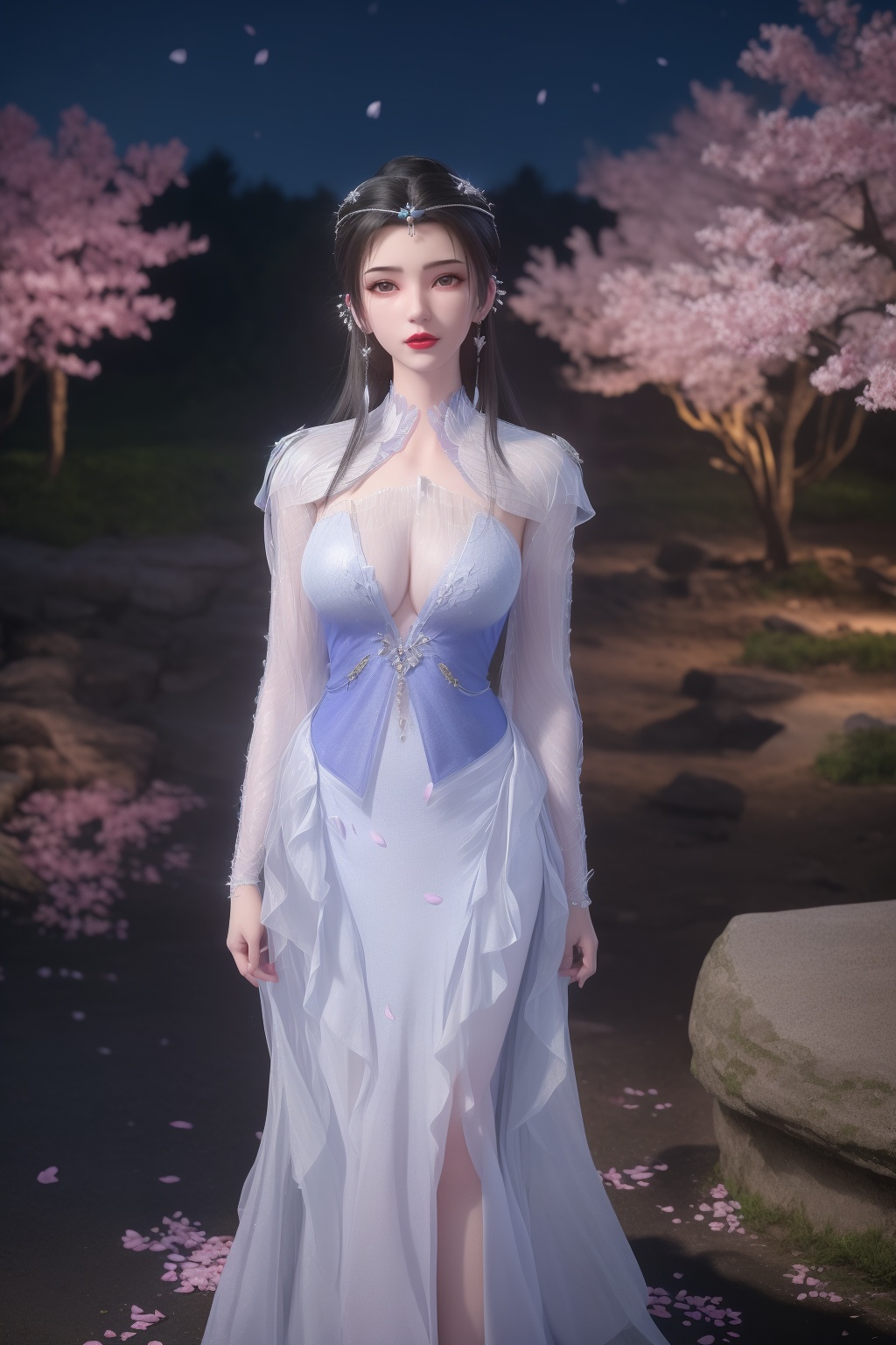 photo_\(medium\),(8k, RAW photo, best_quality),(masterpiece:1.2),(realistic:1.2),(photorealistic:1.3),(ultra-detailed),(extremely_detailed_cg_8k_wallpaper),(crystal_texture_skin:1.3),(shiny:1.2),(shiny_skin:1.4),(extremely_delicate_and_beautiful),(scenery, waterfall, (cherry_blossoms), (milfeulle_sakuraba), (petals, falling_petals), full_moon, moon, night, moonlight, night_sky, sky, petals, water, stone),1girl,solo,torogao,red lips,breasts,large breasts,dress,standing,jewelry,hair ornament,earrings,realistic,looking at viewer,<lora:shenfenglimuwanVerThree_20240408104902-000004:0.7>,