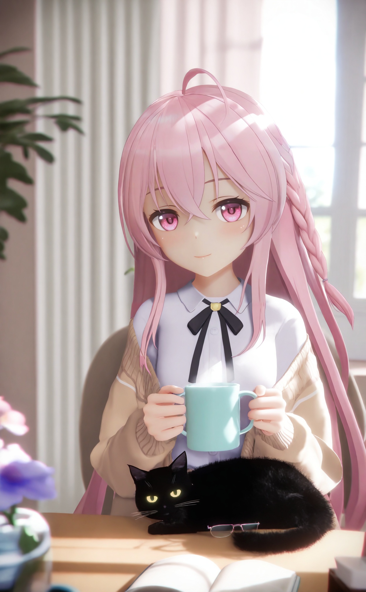 masterpiece,absurdres,best quality,loli,petite,high quality,chromatic_aberration,//,1girl,shirt,cup,white shirt,collared shirt,flower,cat,indoors,window,pink hair,holding,looking at viewer,animal on lap,smile,braid,sitting,pink eyes,on lap,hair between eyes,ahoge,holding cup,solo,long hair,long sleeves,black cat,open clothes,closed mouth,crossed bangs,glasses,chair,neck ribbon,blue flower,brown jacket,off shoulder,curtains,jacket,plant,mug,blush,potted plant,ribbon,on chair,sunlight,open jacket,blurry,black ribbon,sidelocks,unworn eyewear,cardigan,brown cardigan,book,vase,pink flower,coffee mug,purple flower,breasts,table,petting,//,Depth of field,(colorful),hdr,Tyndall effect,depth of field,Tyndall Effect,blurry,blurry_background,depth_of_field,bokeh,glowing,//,<lora:MMDguangwuran7——【noob】hans:0.9>,