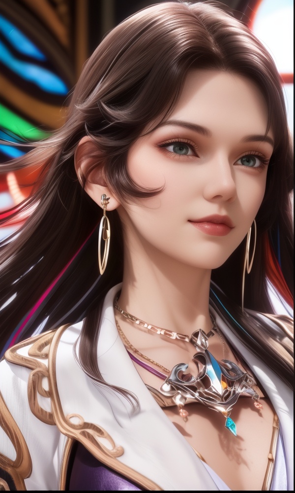 (,1girl, ,best quality, ),looking at viewer, <lora:377-DA-斗罗大陆-木槿:0.8> ,,ultra detailed background,ultra detailed background,ultra realistic 8k cg,,, (close-up portrait),(upper body:1.22),(realistic:1.11),(Photo-referencing),HDR,Studio Lighting,Soft Lighting, ,, a slender petite little girl,Delicate muscle lines,(Skinny body),(solo:1.5),( looking at viewer:1.22),The white shiny skin, (smirk:1.2),(dynamic pose),(arms behind back),arms at sides, (very long payot),(Absurdly long Brown straight hair:1.22),parted bangs, (floating hair), (jewelry:1.17), necklace, earrings,(colorful:1.27),(stained glass background),(),(()),,