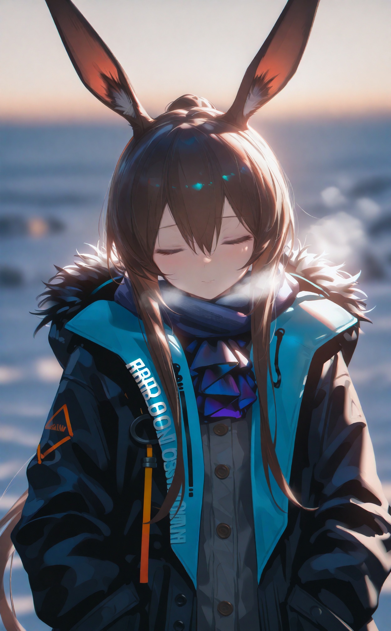 best, 1girl, solo, animal ears, amiya (arknights), closed eyes, rabbit ears, brown hair, long hair, blurry background, blue ascot, upper body, hands in pockets, blurry, breath, closed mouth, hair between eyes, ascot, open clothes, facing viewer, sidelocks, coat, black jacket, jacket, black coat, blue scarf, scarf, blush, outdoors, long sleeves, fur trim, open coat, hood, open jacket, hood down, shirt, depth of field, rabbit girl, grey shirt, hooded coat, buttons, hooded jacket, fur-trimmed coat, backlighting, fur-trimmed hood, frilled ascot, winter clothes, fur-trimmed jacket, very long hair, ponytail, winter coat, purple ascot, blue coat, day, cold<lora:amei3-000040:0.9>