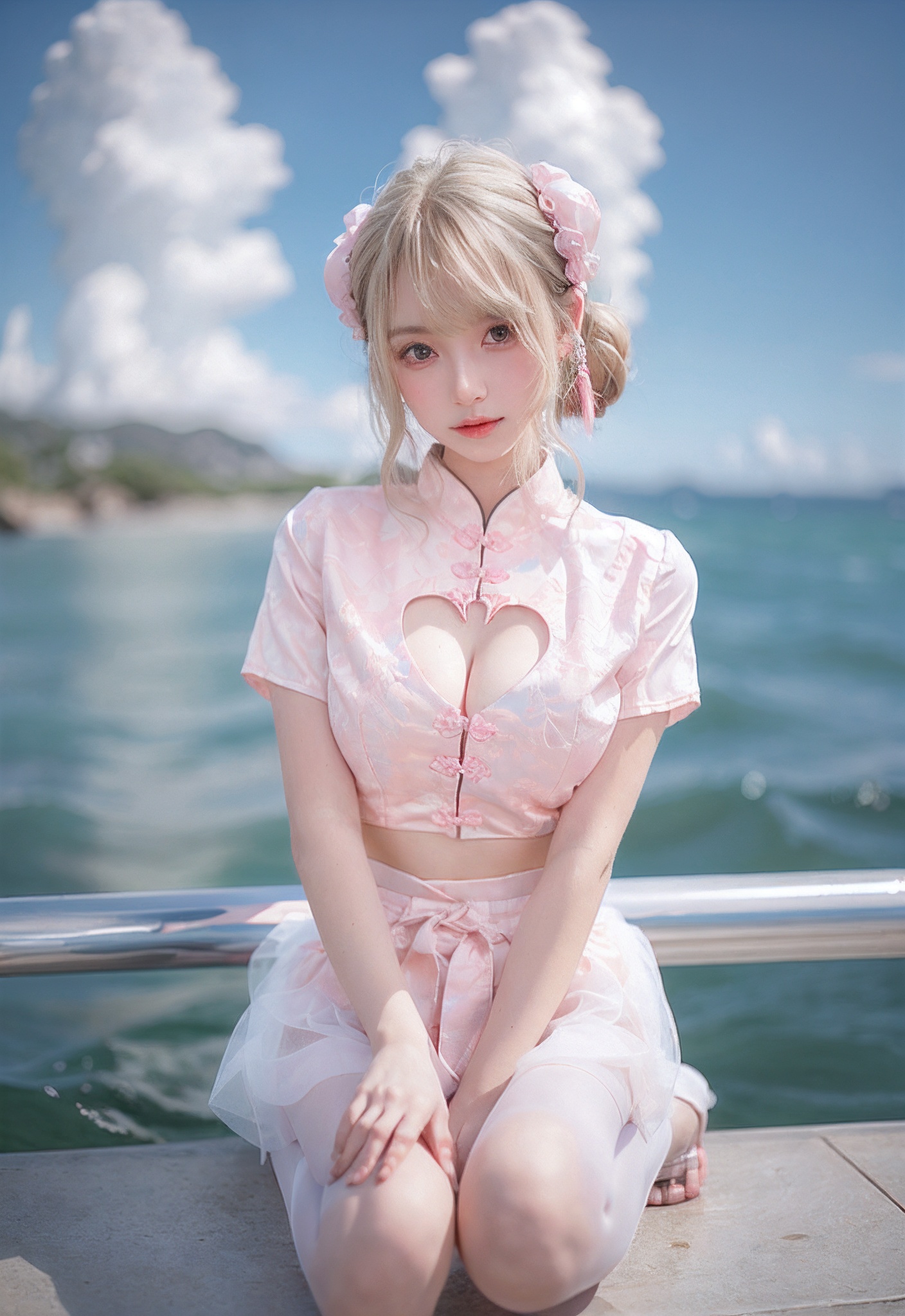 zh,1girl,solo,breasts,looking at viewer,bangs,blue eyes,skirt,blonde hair,shirt,ribbon,cleavage,brown eyes,short sleeves,frills,midriff,medium hair,hair bun,lips,see-through,clothing cutout,double bun,chinese clothes,cleavage cutout,white skirt,pink shirt,realistic,bun cover,(facing_viewer:1.2),(full body:1.1),(both feet:1.2),heart cutout,(over the sea,ocean:1.2),(blue sky,clouds),,<lora:zh:0.7>