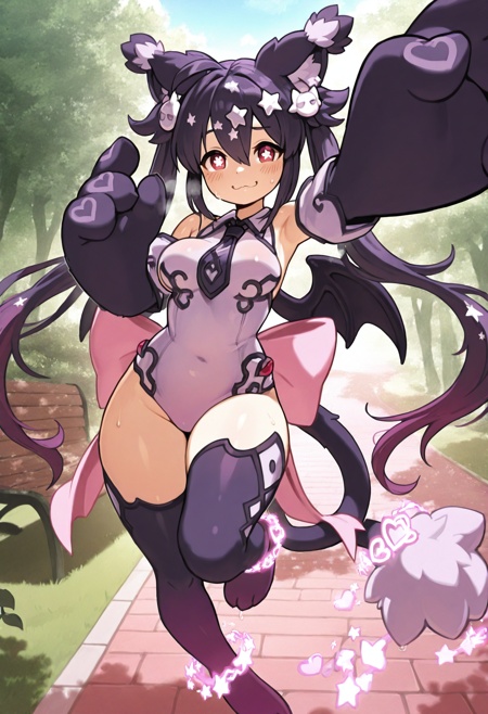 masterpiece, best quality, amazing quality, absurdres,  very aesthetic, large breasts,20yo, 1girl, solo,familiarmge, star ornament, animal hands, multicolored hair, animal limbs, gradient hair,  tail bow, twintails,  covered navel, hair between eyes, hair ornament, pink tips, fewer digits, gradient legwear, star-shaped pupils,  purple hair, symbol-shaped pupils, monster girl, star hair ornament,  low wings, pink bow,  red eyes, two-tone hair, very long hair, bat wings, purple thighhighs, cat ears, pink hair, bare shoulders, animal ear fluff, heart-shaped pupils, necktie, bright pupils, see-through clothes, fur-tipped tail, purple tail, dark purple wings, pink leotard, white fur tips, oversized hands, purple gloves, glowing bands,full body, dynamic angle, perspective, foreshortening, excited, :3, cheering, breath, sweat,  blush, looking at viewer,detailed background,outdoors, park, <lora:StS-Illustrious-Detail-Slider-v1.0:1> <lora:illustrious_quality_modifiers_masterpieces_v1:0.5><lora:Dramatic Lighting Slider:3><lora:familiarmge-000008:0.8>