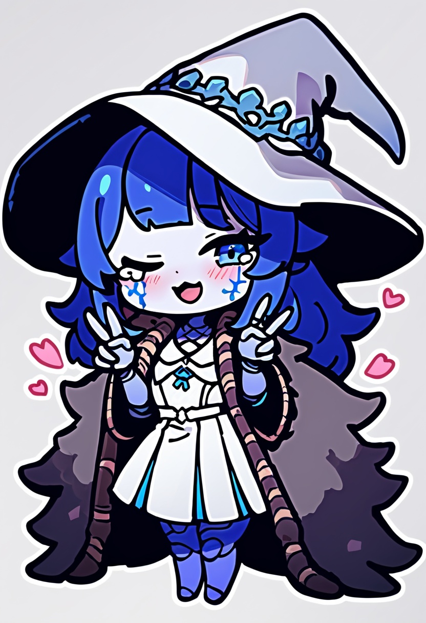 1girl,  blue eyes, blue skin, blue hair, extra faces, extra arms, doll joints, cracked skin, one eye closed, grey fur cloak, white dress, blue ring, white witch hat, chibi, smile, looking at viewer, v, simple background, double v, white background, full body, open mouth, cartoon, blue color scheme, magical, cute, anime style, tears, pink heart, dress, wolf, colored skin, fur cloak, cloak, blush, hat, witch hat, heart, animal, joints, masterpiece, best quality, newest, absurdres, safe <lora:ln_v1.1-000012:1>