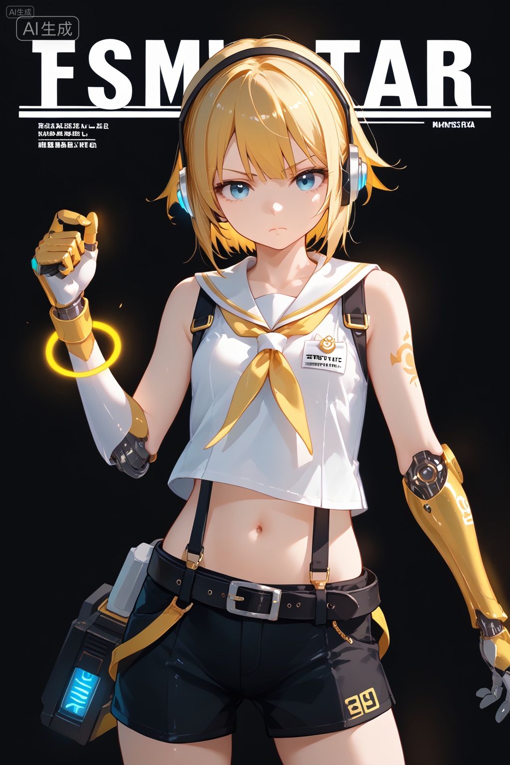 1girl,solo,breasts,looking at viewer,short hair,bangs,blue eyes,Light pollution,hologram Laser,yellow hair,shirt,gloves,bow,navel,bare shoulders,closed mouth,white shirt,hair bow,cowboy shot,small breasts,shorts,sleeveless,midriff,belt,sailor collar,crop top,short shorts,sleeveless shirt,tattoo,glowing,headphones,black shorts,suspenders,black background,clenched hand,serious,yellow neckerchief,glowing mechanical arms,glowing single mechanical arm,number tattoo,kagamine rin,highly detailed,ultra-high resolution,32K UHD,sharp focus,best-quality,masterpiece,Emotionalization,golden hour,unconventional supreme masterpiece,masterful details,temperate atmosphere,with a high-end texture,in the style of fashion photography,magazine cover,Dynamic Angle,Dynamic posture,, Negative prompt: (worst quality, low quality, very displeasing, lowres),(interlocked fingers, badly drawn hands and fingers, anatomically incorrect hands),blurry,watermark,,nsfw, Steps: 35, Sampler: Euler a, CFG scale: 6.0, Seed: 2383641922, Size: 1024x1536, Model hash: a3aeb59bbf, Model: 星美pony_写实动漫插画大模型_1.0.safetensors, Denoising strength: 0.0, Clip skip: 2, ENSD: 31337, RNG: CPU, vae_name: automatic