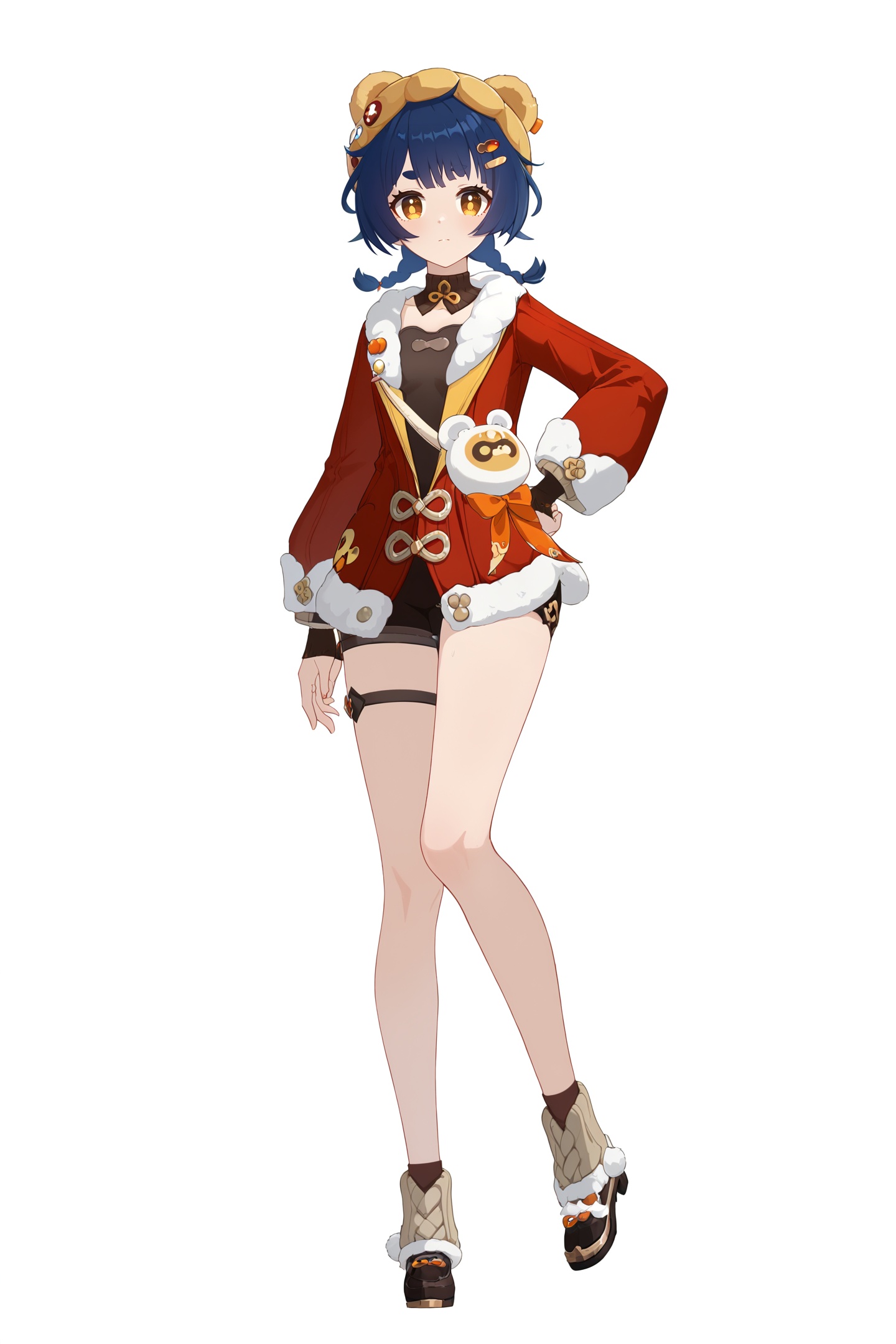 score_9,score_8_up,score_7_up,score_anime,8k,best quality,masterpiece,(ultra-detailed),(high detailed skin),(by nanoless, by misumi \(macaroni\),:0.5),<lora:YLI 0.1v:0.25>,<lora:style1:0.25>,A full-body portrait of a young girl,standing gracefully,pastel art style,high-key lighting,shoujo manga influence,hd quality,delicate details,full body,full shot,standing,looking at viewer,(solo:1.2),simple background,white background,hand on own hip,<lora:huxiang-pony-Tanger-000018:0.8>,xiangling \(New Year's Cheer\) \(genshin impact\),clothes:New Year's Cheer,1girl,hat,hair ornament,bangs,braid,hairclip,bare legs,bandaid,red coat,