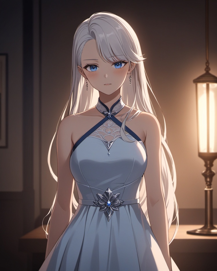 very aesthetic,source_anime,highres absurdres,masterpiece,bestquality,higher quality,best quality,Volumetric Lighting,moody lighting,Cinematic Lighting,blush,<lora:nailin-asoul-a3a:0.5>,1girl,blue eyes,long hair,solo,cowboy_shot,asymmetrical bangs,white hair,hair behind ear,dress,