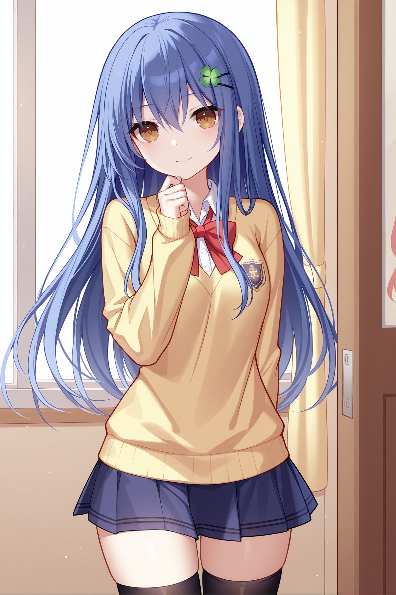 masterpiece, best quality, newest, absurdres, highres,(quan \(kurisu tina\):0.6, ),(rimuu:0.5),(mignon:0.5),(sheya:0.5)itsuka shiori, 1girl, blue hair, brown eyes, hairclip, four-leaf clover hair ornament, smile,school uniform, thighhighs, <lora:shioriXLNAI:1>