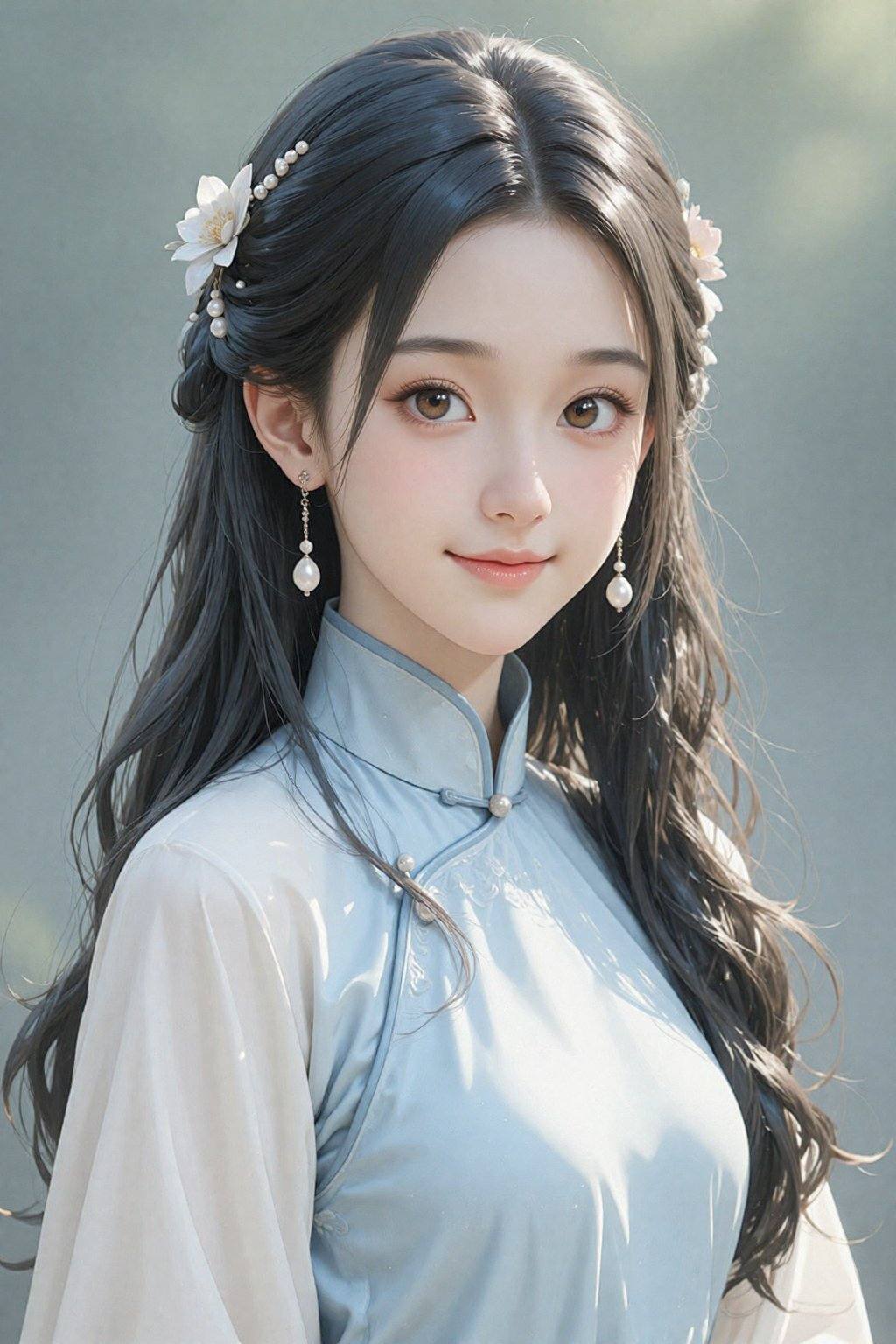 这是一幅宁静祥和的年轻女性肖像,  采用中景拍摄,  她直视着观者。她看起来大约十七八岁或二十出头 on Tensor.Art