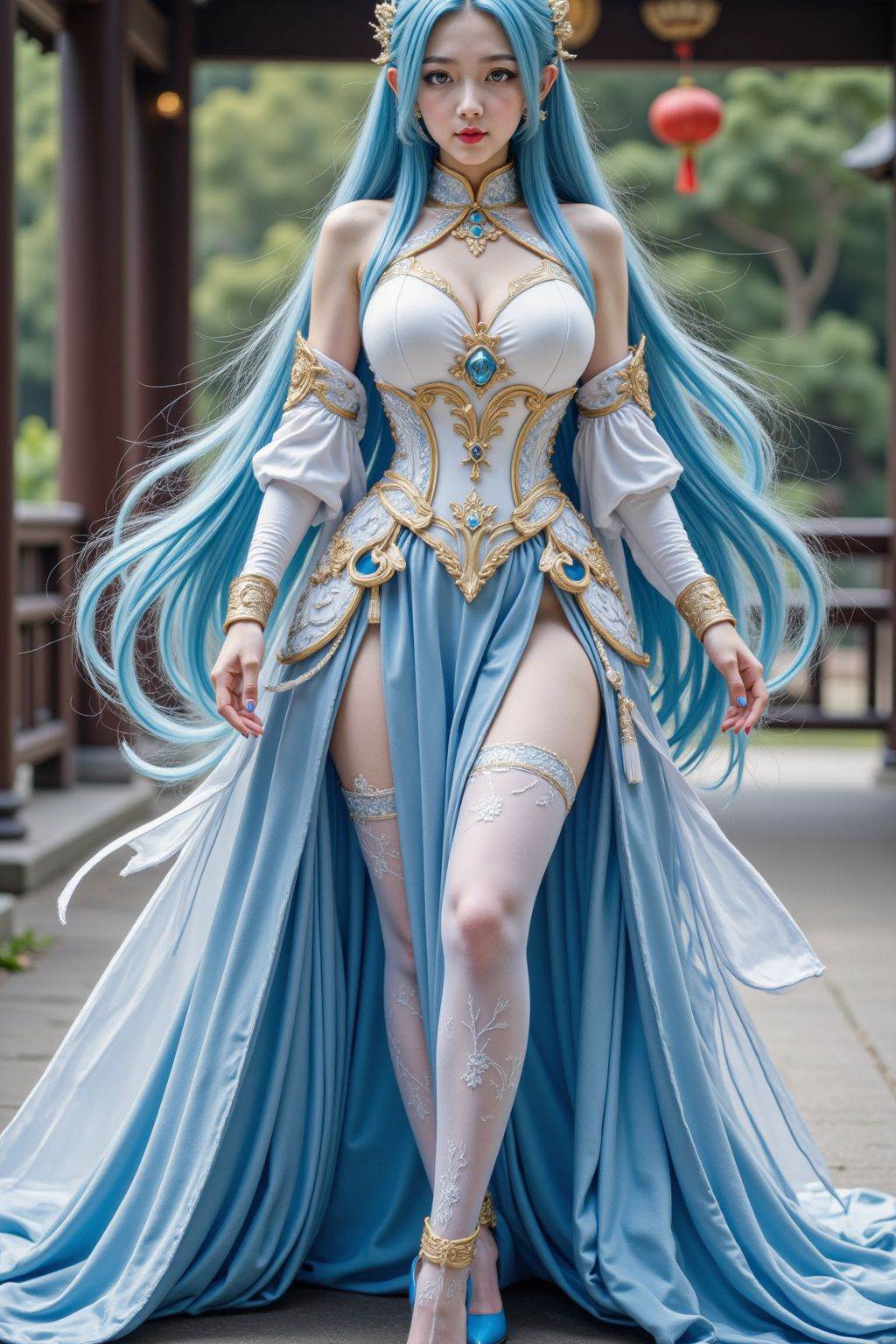 young girl attractive woman with long flowing blue hair and piercing brown eyes. She wears a white and gold chinese armor-like dress, accentuating her ample breasts and curvy figure. Her skin is pale, and she has a regal, almost ethereal presence, the outfit includes a sleeveless high-necked top with intricate gold and silver designs, a pleated blue skirt that flows out into a dramatic, flowing train, and thigh-high stockings with intricate patterns. Her footwear is a pair of blue high-heeled shoes with gold accents, full body, outdoors,