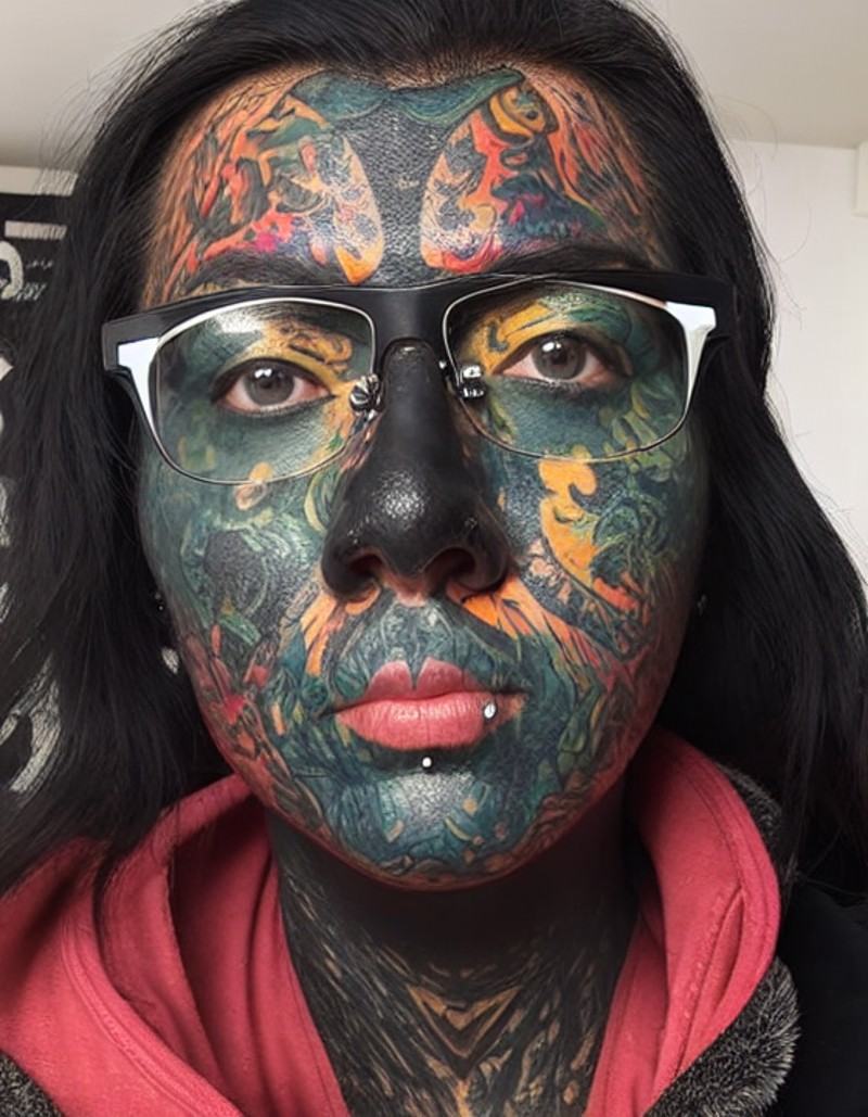 a close up of a person with tattoozfcs on their face and a person with glasses on their head and a person with tattoozfcs...