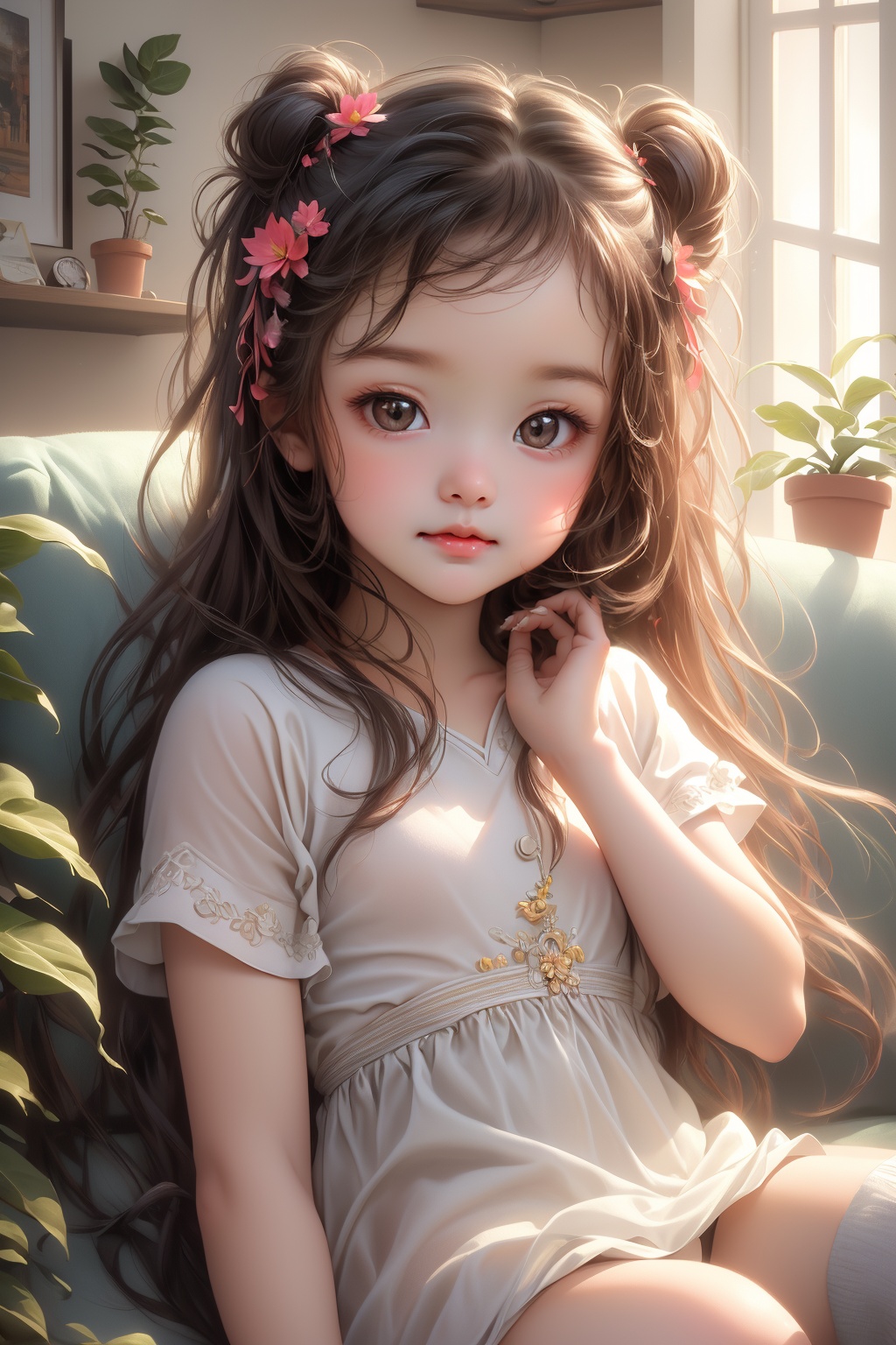 (masterpiece, top quality, best quality, official art, beautiful and aesthetic:1.2),1girl,((baby face)),chibi,super cute,upper body,sit on a bed,sofa,indoors,plant,super realistic,super details,<lora:狐女-000003:0.8>