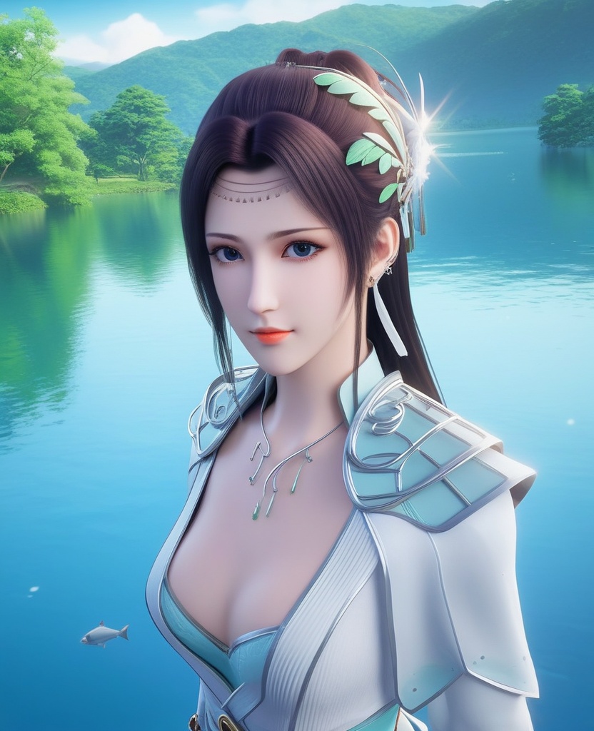 <lora:576-DA-XL-斗破苍穹-云韵-白服:0.8>(,1girl, ,best quality, ),looking at viewer,  ,ultra detailed 8k cg, ultra detailed background,  ,masterpiece, (( , )) , lake,upper body,   (cleavage), (),