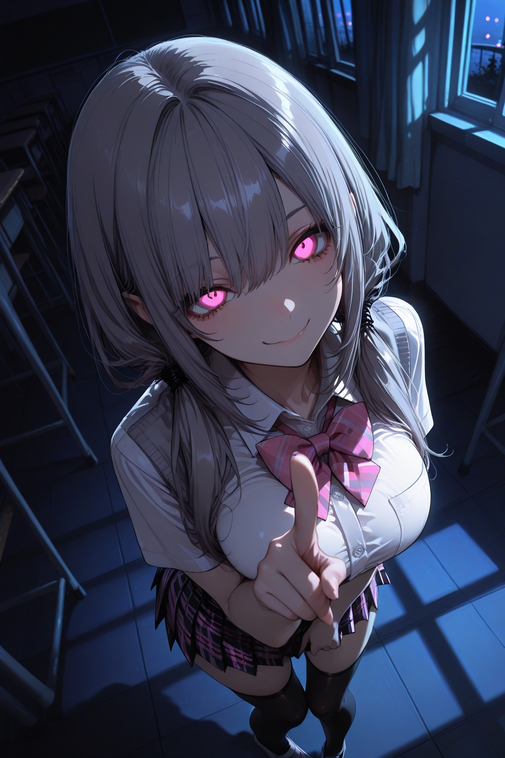 masterpiece,from_above,1girl,solo,large_breasts,gray_hair,long_hair,low_twintails,pink_eyes,school_uniform,checkered_skirt,black_thighhighs_socks,classroom,girl style smile,pointing at you,night,darkness,backlight,shadow,
