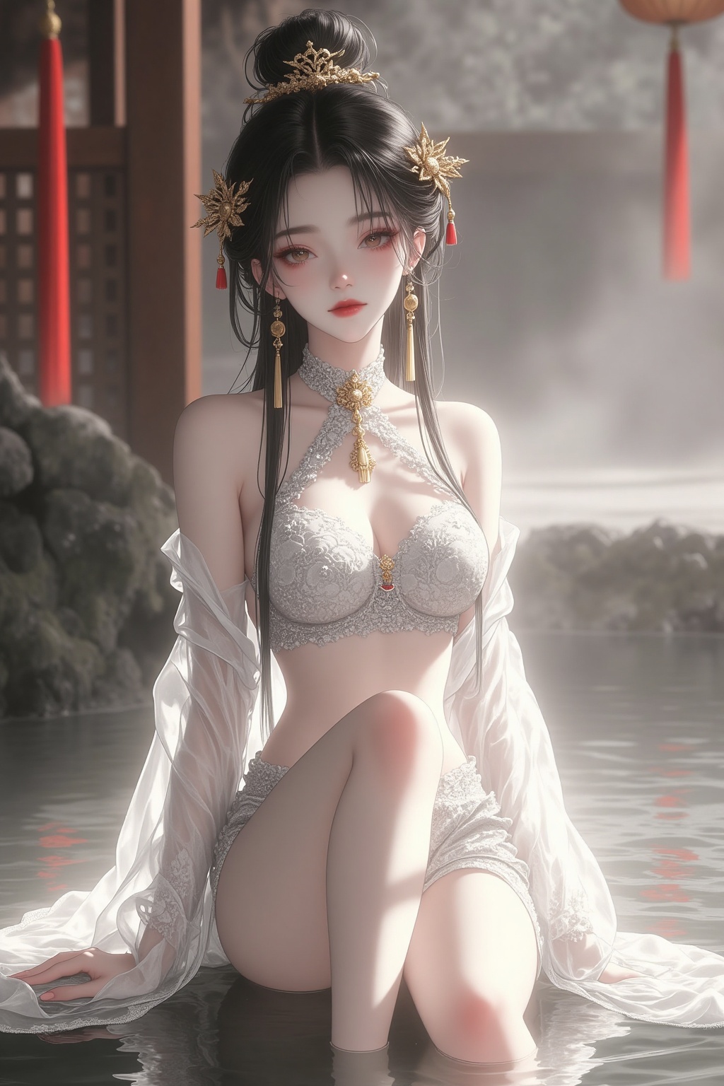 GFSM,This is a highly detailed digital illustration in a realistic anime style. The image captures a young East Asian woman in a serene, misty outdoor setting. She is seated in shallow water, with her head slightly tilted to the left, gazing softly into the distance. Her skin is fair and smooth, with a delicate, almost ethereal glow. She has long, dark hair styled in an elaborate updo adorned with intricate gold hairpins and dangling tassels, adding a touch of traditional elegance.She wears a white, lace halter-neck crop top featuring complex floral patterns that accentuate her slender physique. The top is paired with sheer, flowing sleeves that drape off her shoulders, lending a soft, ethereal texture to her ensemble. She also wears long, dangling earrings that match the gold in her hair accessories.The background consists of wooden structures with warm, earthy tones, suggesting a traditional Japanese setting. The mist surrounding her adds a dreamy, otherworldly atmosphere, enhancing the tranquil and mystical mood of the scene. The water she sits in is clear and reflective, further contributing to the serene ambiance. Overall, the composition is rich in cultural and aesthetic details, blending traditional Eastern fashion and beauty with modern artistic techniques.