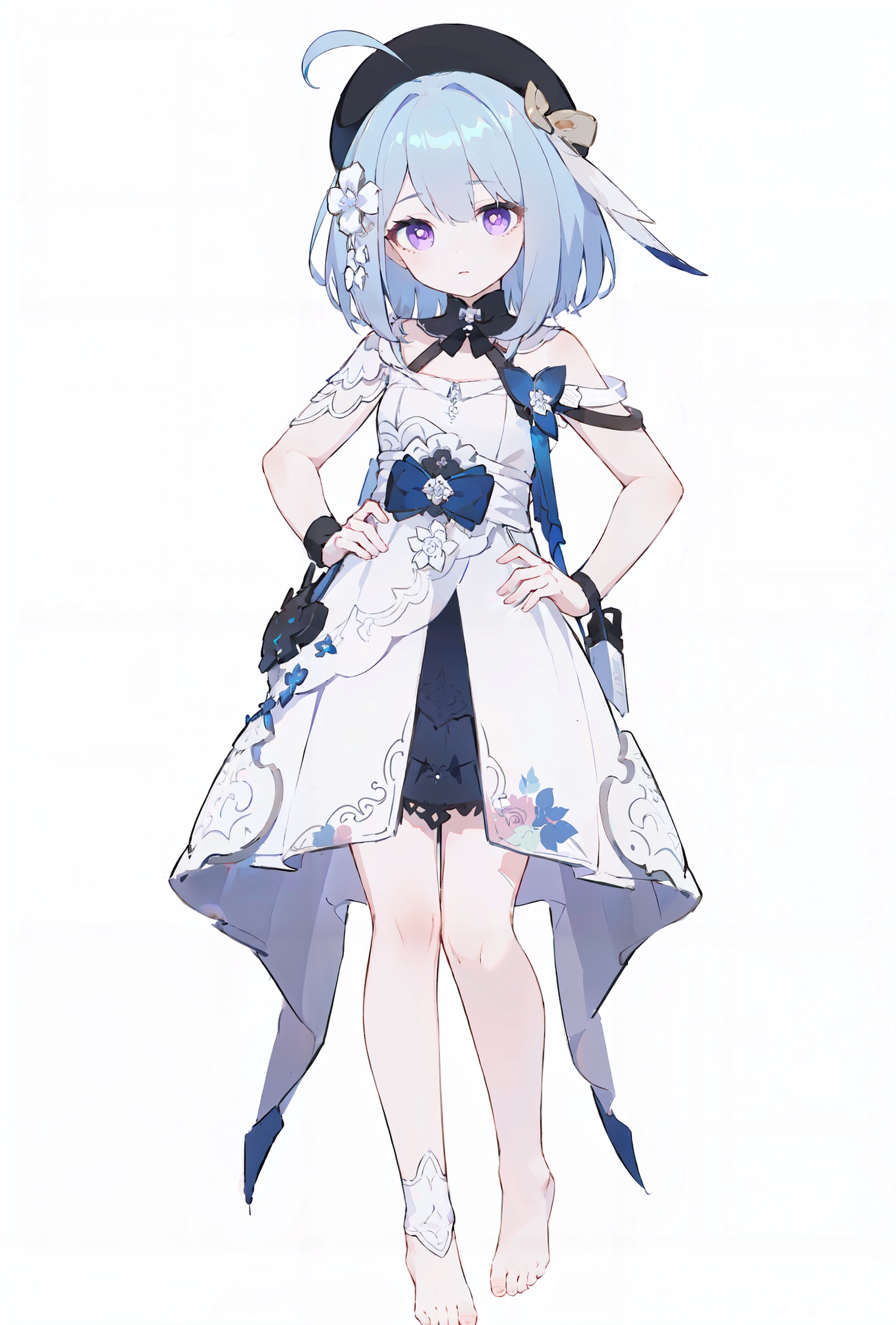 8k, best quality, masterpiece, (ultra-detailed:1.1), (high detailed skin), (full body:1.2), white background, standing, looking at viewer, solo, hand on hip, <lora:sgeleixiu-v100-000026:0.8:lbw=OUTALL>, gelei, 1girl, white dress, hat, blue hair, purple eyes, barefoot, little girl, 9 years old, (white background, simple background,:1.2), <lora:EnvyBetterHands LoCon_beta2 辅助:0.55>, ( good hands, nice hands:0.5), (beautiful_face), ((intricate_detail)), clear face, ((finely_detailed)), fine_fabric_emphasis, ((glossy)), full_shot