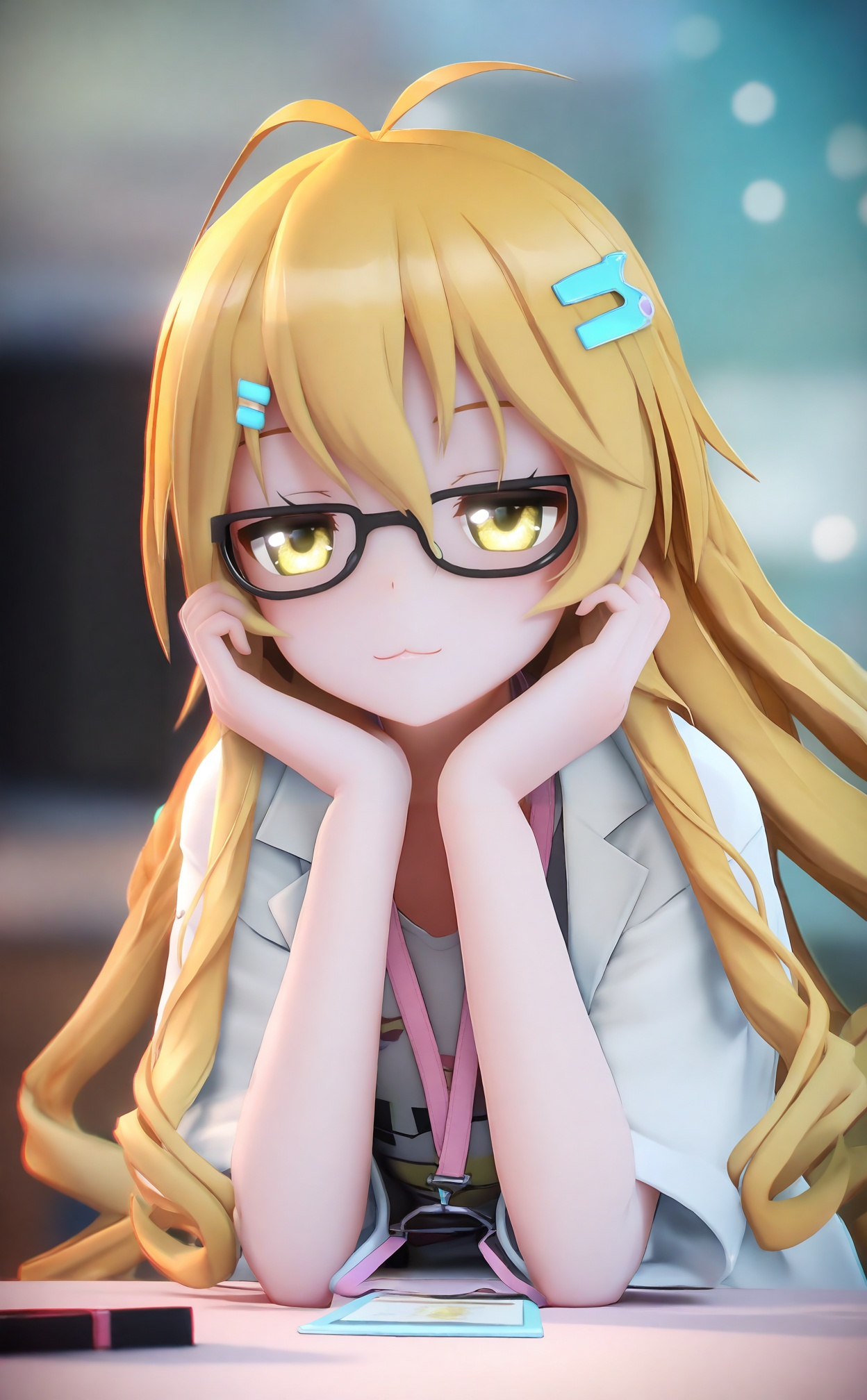 masterpiece,absurdres,best quality,loli,petite,high quality,chromatic_aberration,//,1girl,solo,petite,loli,long hair,long wavy curly hair,blonde_hair,yellow_eyes,antenna hair clips,bangs,hair between eyes,lab coat,focus,hands on own face,head rest,t-shirt,hands on own cheeks,closed mouth,half-closed.eyes,lanyard,black-framed eyewear,elbows on table,blurry,short sleeves,upper body,smile,:3,(8 years old girl with the flowing hair),(cute atmosphere),//,Depth of field,(colorful),hdr,Tyndall effect,depth of field,Tyndall Effect,blurry,blurry_background,depth_of_field,bokeh,glowing,//,<lora:MMDguangwuran7——【noob】hans:0.9>,