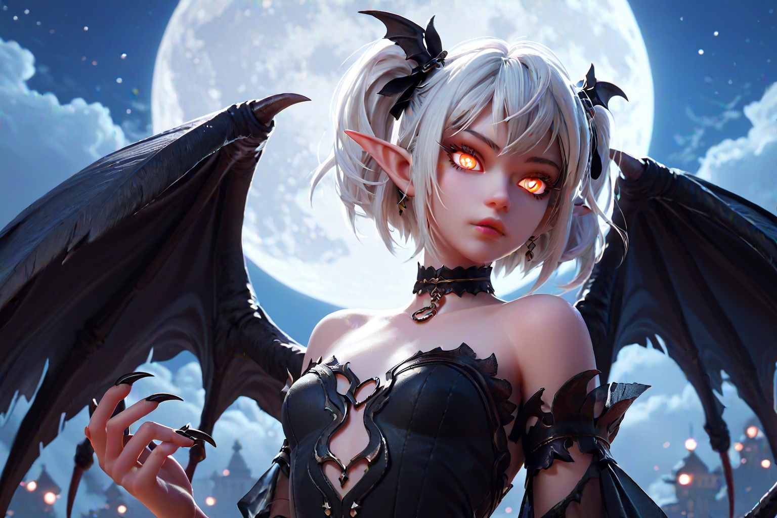 score_9, score_8_up, score_7_up,BREAKnight sky,full moon, dark elf, solo, 1girl, demon,white hair,glowing eyes,pale skin,two ponytails with black bows,black wings,claws,black dress,beautiful_face,partially illuminated,long eyelashes,moonlight,short hair,collar,