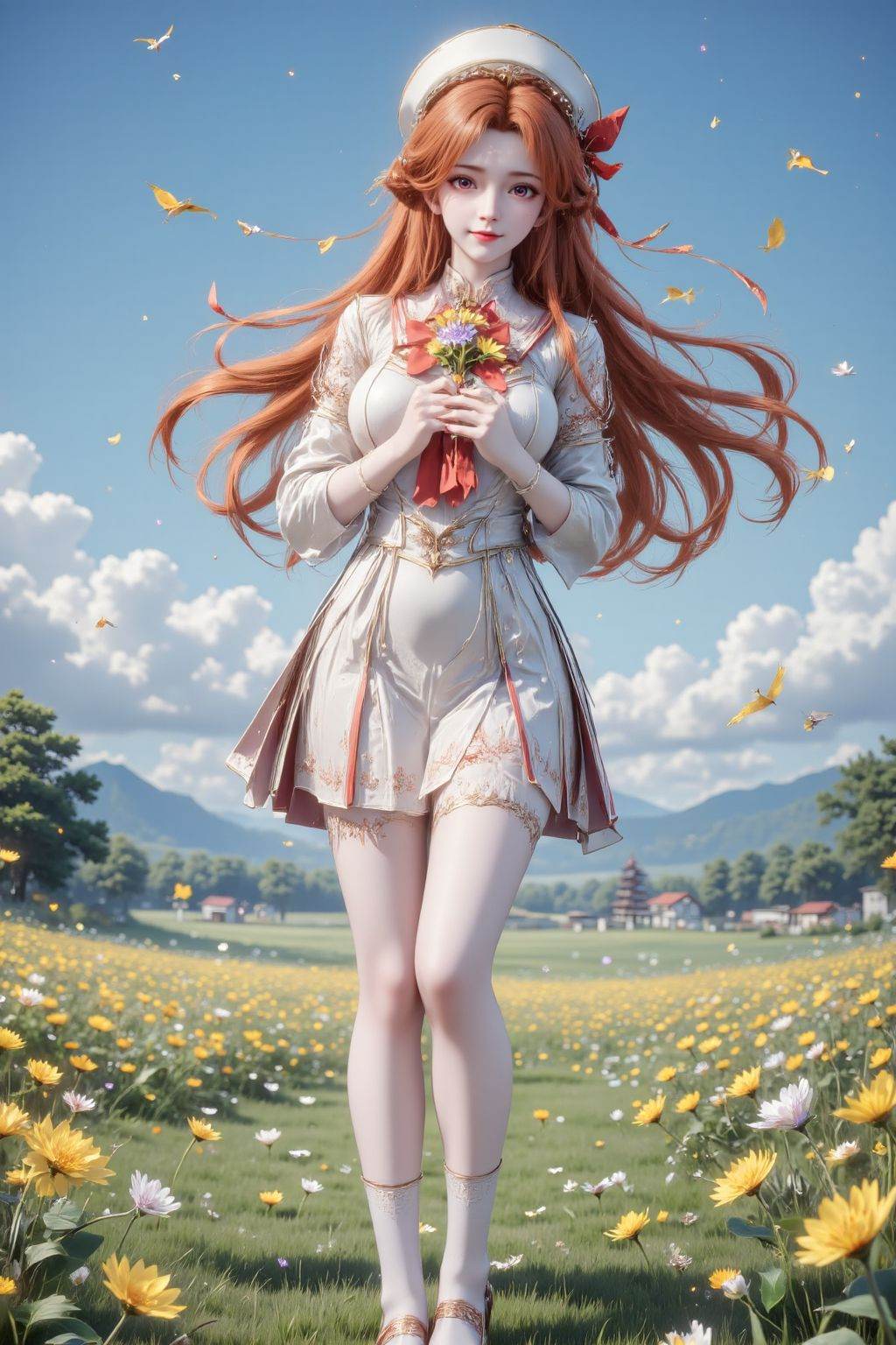 The image depicts an anime-style girl standing in a vast field of yellow flowers under a bright blue sky with scattered white clouds. She has long, flowing orange hair adorned with a large red bow on the left side and wears a white sailor-style hat. Her eyes are a striking red color, and she has a small, happy smile on her face. She is dressed in a white dress with a red ribbon at the collar and red trim at the bottom. In her hands, she holds a small bouquet of yellow flowers, matching those in the field around her. The background features a distant tree line and a few birds flying in the sky, with a few stars visible above the clouds, suggesting a clear, sunny day., 2D, 2D anime