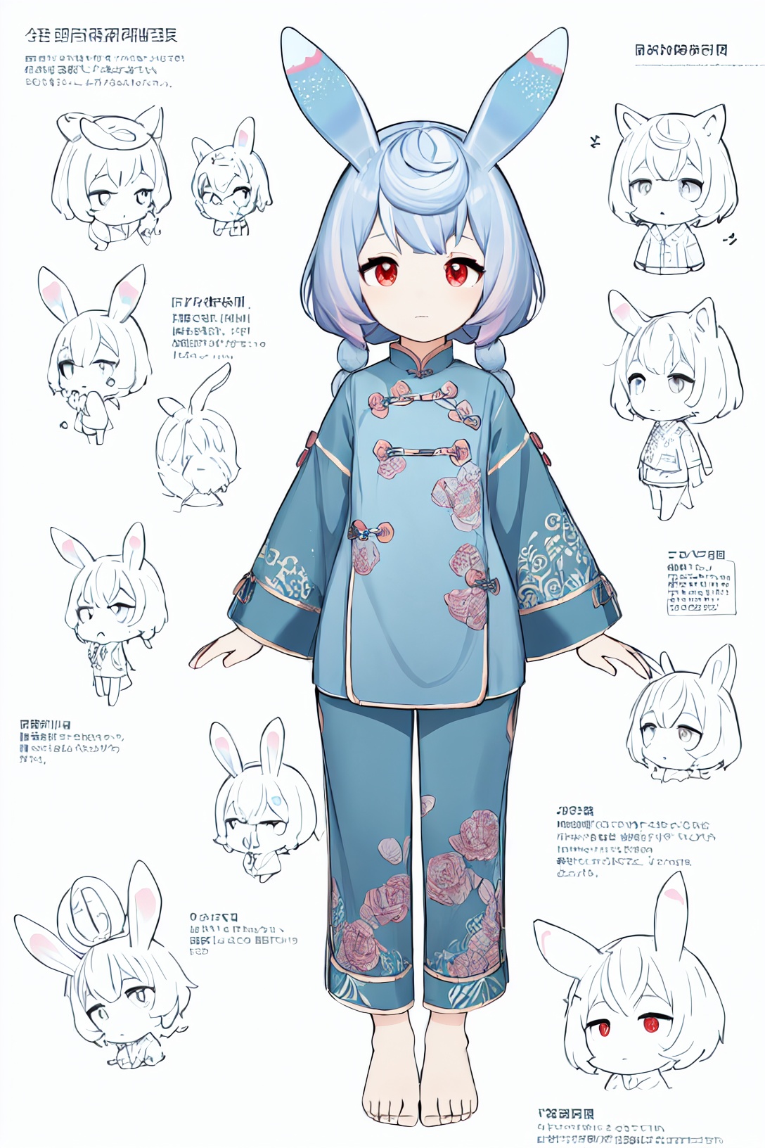 multiple views, pencil sketch, (sketch:1.25), (loli), ((no shoes)), shy, best quality, graphite \\(medium\\), ske, gradient, rainbow, note, Line draft, highres, absurdres, (ultra-detailed:1.1), (illustration:1.1), (infographic:1.2), pajamas, (all clothes configuration:1.15), (solo), perfectly drawn hands, standing, cohesive background, paper, action, (character design:1.1), china dress, monarch \(black gerard\) \(azur lane\), <lora:Sigewinne-v100-000019:0.8>, Sigewinne, 1girl, red eyes, animal ears, chibi, rabbit ears, <lora:Anime Lineart ,Manga-like (线稿,線画,マンガ風,漫画风) Style:0.4>, <lora:Sketchy - Style:0.2>, [[delicate fingers and hands:0.55]::0.85], (detail fingers), (empty hands:1.1), bare_hands, (beautiful_face), ((intricate_detail)), (revealing clothes:1.2), clear face, ((finely_detailed)), fine_fabric_emphasis, ((glossy)), 