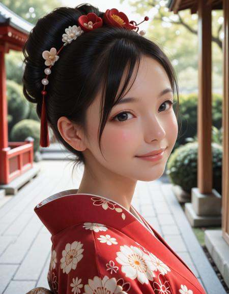 (masterpiece, best quality), (photo realistic, ultra detailed, realistic skin), (ultra high res, 8k, very aesthetic, absurdres) BREAK 1 girl, Fair-skinned, blush, black hair, updo, bangs, black eyes, (large breast:0.5), face, portrait, smile, standing on beautiful Japanese garden, wearing luxurious red kimono, luxurious obi, look at viewer, morning sunshine, sunbeam, in focus with blurred background