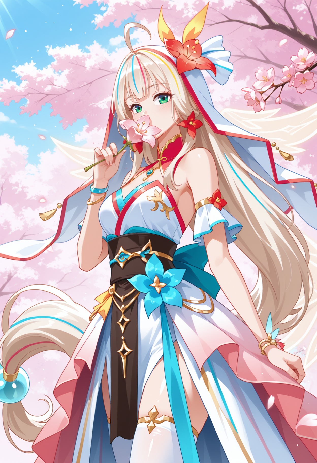 1girl,solo,cherry blossoms,shirt,holding,petals,flower,looking at viewer,upper body,branch,pink flower,white shirt,bare shoulders,collared shirt,sleeveless shirt,holding flower,outdoors,falling petals,day,sky,blue sky,leaf,upper_body,eyelashes,light particles,dappled sunlight,sunlight,pink theme,tree,covering mouth,hand up,covered mouth,<lora:祈忆歌:1>,qiyige,1girl,long hair,beige hair,blonde hair,hair ornament,green eyes,flower,ahoge,white hair,multicolored hair,wings,streaked hair,veil,thighhighs,jewelry,very long hair,flower,high heels,white thighhighs,low-tied long hair,absurdly long hair,full body,intricate details,anime costume,elegant outfit,flowing dress,layered clothing,asymmetric hem,bell sleeves,ruffled skirt,obi waistband,off-shoulde,silk satin fabric,translucent tulle accents,gold embroidery,white base clothing,pink-orange gradient accents,lowres,blue floral motifs,red petal details,floating ribbons,airborne clothing,dynamic wind effect,sparkling particles,