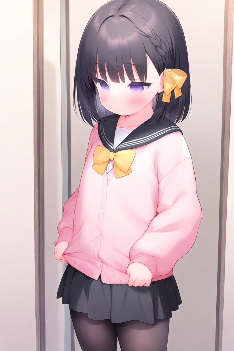 lazypos,lazy-you-know-who,masterpiece,best quality,you-know-who,<lora:Yoru_no_Hitsuji_Unet:1:1.2>,Yoru no Hitsuji,petite,small girl,1girl,solo,skirt,pantyhose,school uniform,cardigan,pleated skirt,braid,black hair,pink cardigan,bow,serafuku,sailor collar,purple eyes,side braid,long sleeves,black skirt,yellow bow,black sailor collar,medium hair,black pantyhose,standing,hair ornament,yellow bowtie,miniskirt,closed mouth,short hair,hair bow,bowtie,indoors,cowboy shot,
