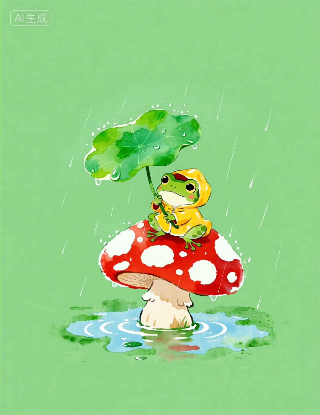 A cute little green frog sits on a large red mushroom with white spots,  holding a round green lotus leaf as an umbrella....