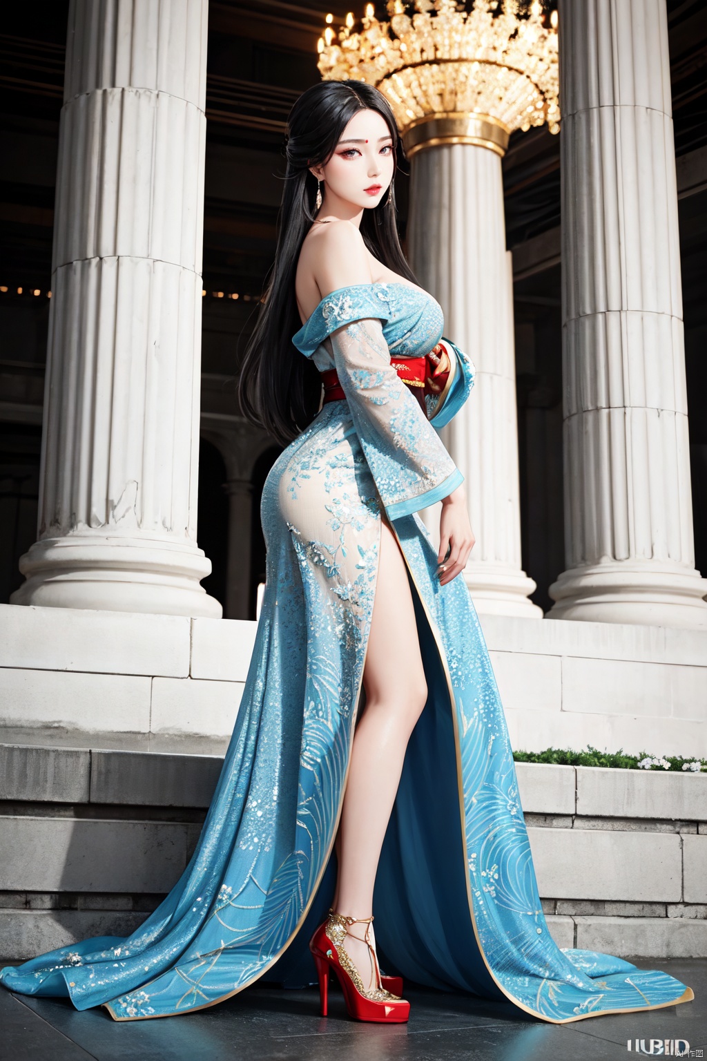 ((Sitting, Stiletto heels, from behind, from below, Indoor, lobby, (Roman columns,magnificent palace,), reliefs,)), Realistic style, cinematic work, 8K wallpaper, masterpiece, very realistic quality, best quality, masterpiece, high-level, high-resolution,,,Edge lighting, dual tone lighting, soft lighting, The illuminated surface of the material has bright spots and highlights, which flicker and have a mirror effect when reflected, There are sparkling spots on the armor,,,1 girl, mature female, solo, full body, looking at viewer, lace, strong rim light, Standard proportion of female body, golden proportion of female body,,,Standing, standing posture, Sexy full body standing posture,,,,colorful,(detailed skin: 1.3), (detailed face: 1.3),clear focus,delicate,(mature women: 1.2),(glossy skin+glossy skin: 1.4),(sweating: 1.1),(big_eyes),red_ eyeshadow,long_ Eyelashes, red lips,,,simple background, grey background,,,(Diamond hair accessories, diamond necklaces, diamond earrings, diamond earrings, clothes embedded with diamonds, armor embedded with diamonds,:1.3)1 girl, solo, blue eyes, black haired, hair ornaments, hugged, Long hair, gradient hair, hair between the eyes,medium breasts, Floral, generally, hanfu, off shoulder, nail polish, compensate, lipstick, red background, red claw, eye shadow, Floral, Hairpin, Hairpin, comb, qingsha,chinese clothes, luyijiushi2, luyijiushi1,liyijiushi3<lora:EMS-889-EMS:0.500000>