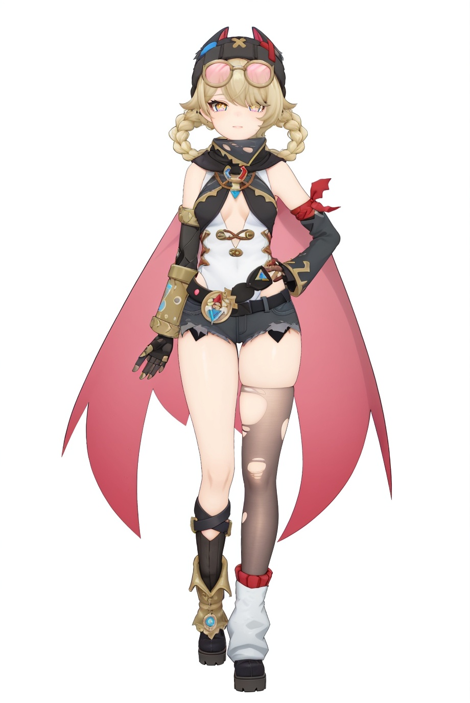 8k,best quality,masterpiece,(ultra-detailed),(high detailed skin),(by nanoless, by misumi \(macaroni\),:0.5),A full-body portrait of a young girl,standing gracefully,pastel art style,high-key lighting,shoujo manga influence,hd quality,delicate details,full body,full shot,standing,looking at viewer,(solo:1.2),simple background,(white background:1.2),<lora:Jahoda-sd-Tanger:0.8>,Jahoda,clothes: Jahodadef suit,Jahodadef black hat,Pentagon-shaped pupils,1girl,torn single thighhigh,gloves,braid,torn clothes,fingerless gloves,yellow eyes,round eyewear,shorts,belt,black gloves,cape,blonde hair,