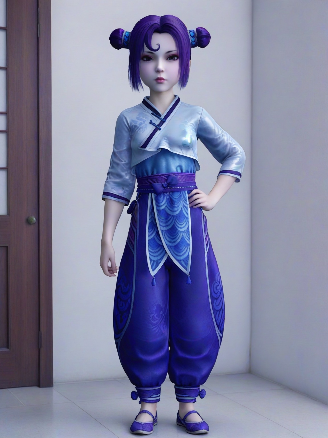 score_9,1girl,solo,dress,standing,baggy pants,bangs,chinese clothes,double bun,short hair,purple hair,large breasts,blue pants,child, standing,lipstick,looking at viewer,<lora:SF_XiaLu_Pony_Realism2.3-000004:0.7>,