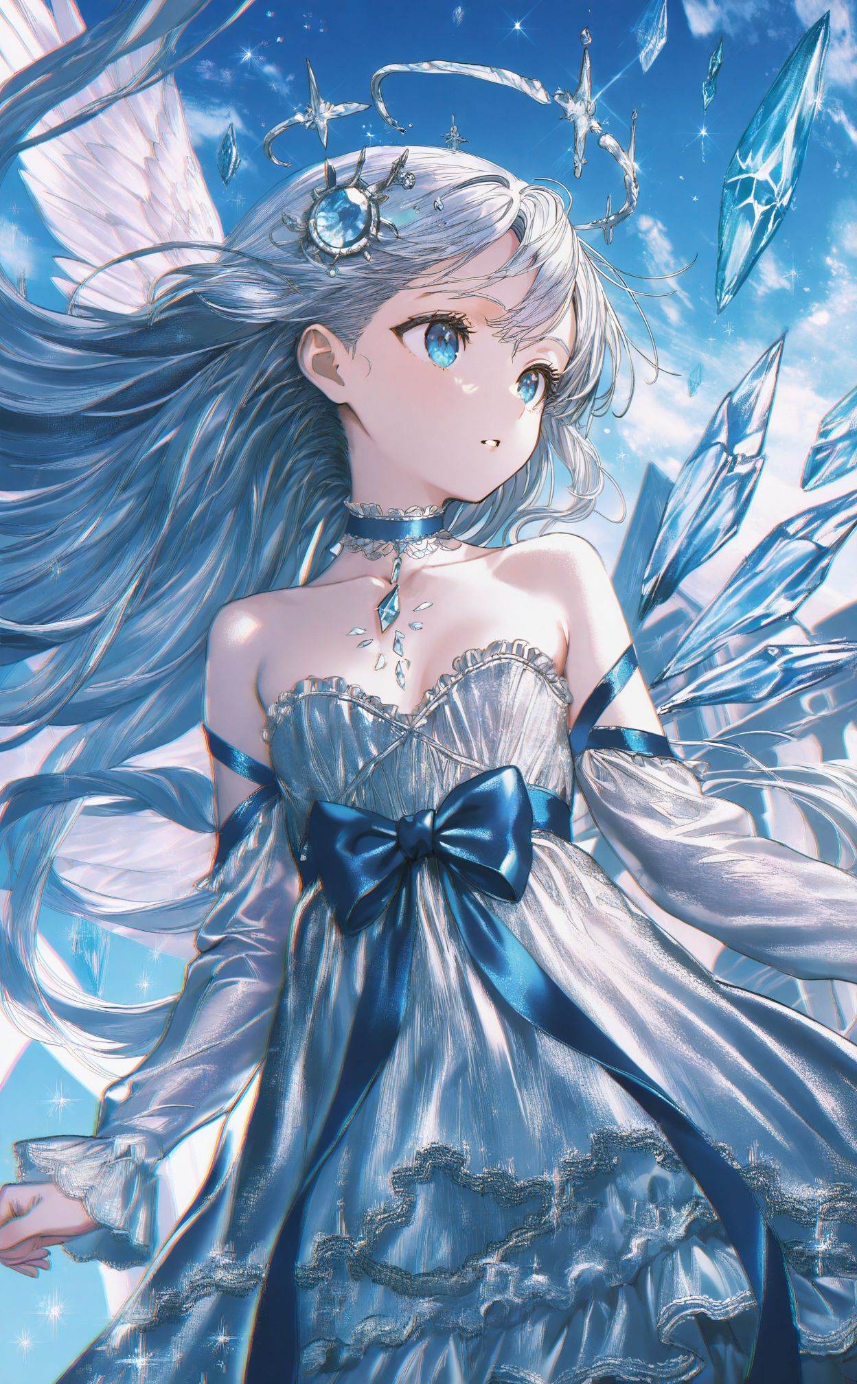 masterpiece,absurdres,best quality,loli,petite,high quality,chromatic_aberration,//,1girl, solo, dress, long_hair, bow, blue_eyes, detached_sleeves, choker, white_dress, blue_bow, bare_shoulders, parted_lips, strapless_dress, hair_ornament, strapless, upper_body, grey_hair, frills, frilled_dress, white_hair, blue_ribbon, looking_to_the_side, chromatic_aberration, border, ribbon, white_choker, floating_hair, white_sleeves, blue_choker, sky, long_sleeves, small_breasts, white_border, looking_afar, collarbone, sparkle, very_long_hair, blue_theme, outdoors, wings, waist_bow, glint, blue_gemstone, jewelry, wind, ice, frilled_choker, grey_dress, lace-trimmed_choker, breasts, blue_sky, gem, layered_dress, see-through_sleeves//,Depth of field,(colorful),hdr,Tyndall effect,depth of field,Tyndall Effect,blurry,blurry_background,depth_of_field,bokeh,glowing,//,<lora:ssxd2——【noob】hans:1>,