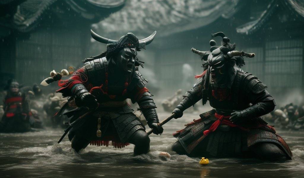immortal being samurai as evil monster,  fight with bath duck,  chinese mythological legends on Tensor.Art