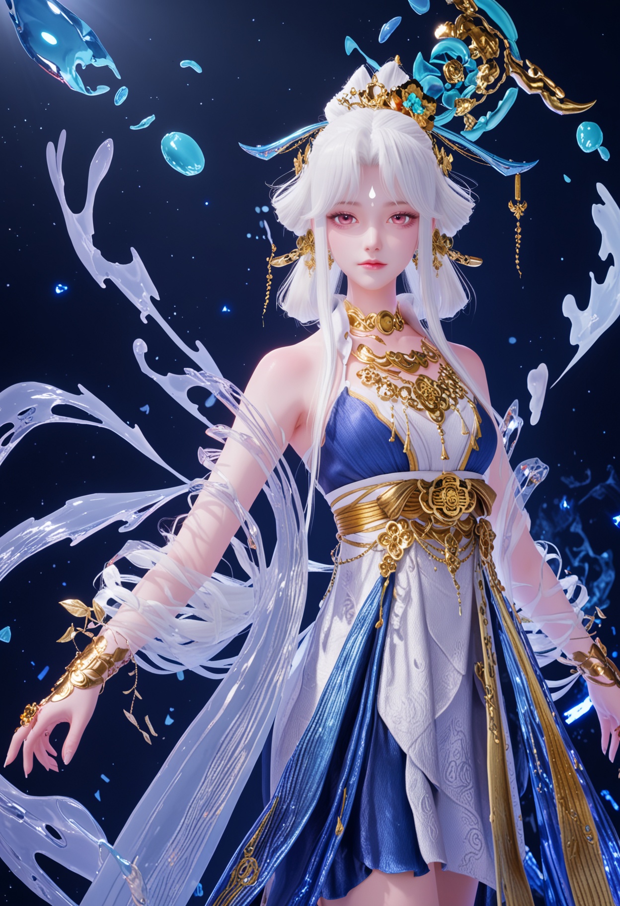 score_9,high detail,best quality,cinematic lighting,volumetric lighting,shiny skin,shiny,changelxz,1girl,solo,pink eyes,forehead mark,hair ornament,jewelry,necklace,white hair,long hair,dress,bare shoulders,hair stick,floating object,closed mouth,bracelet,shawl,looking at viewer,<lora:QQSponychangelxzV1:0.8>,<lora:Pony_DetailV2.0:0.8>,<lora:皮肤凹痕:0.1>,