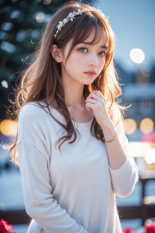 masterpiece,best quality,highres,1girl,blue eyes,blond hair,rose background,flora,snowing,bokeh,beautifully lit,low contrast,sharp and in focus,night,sad,melancholy,