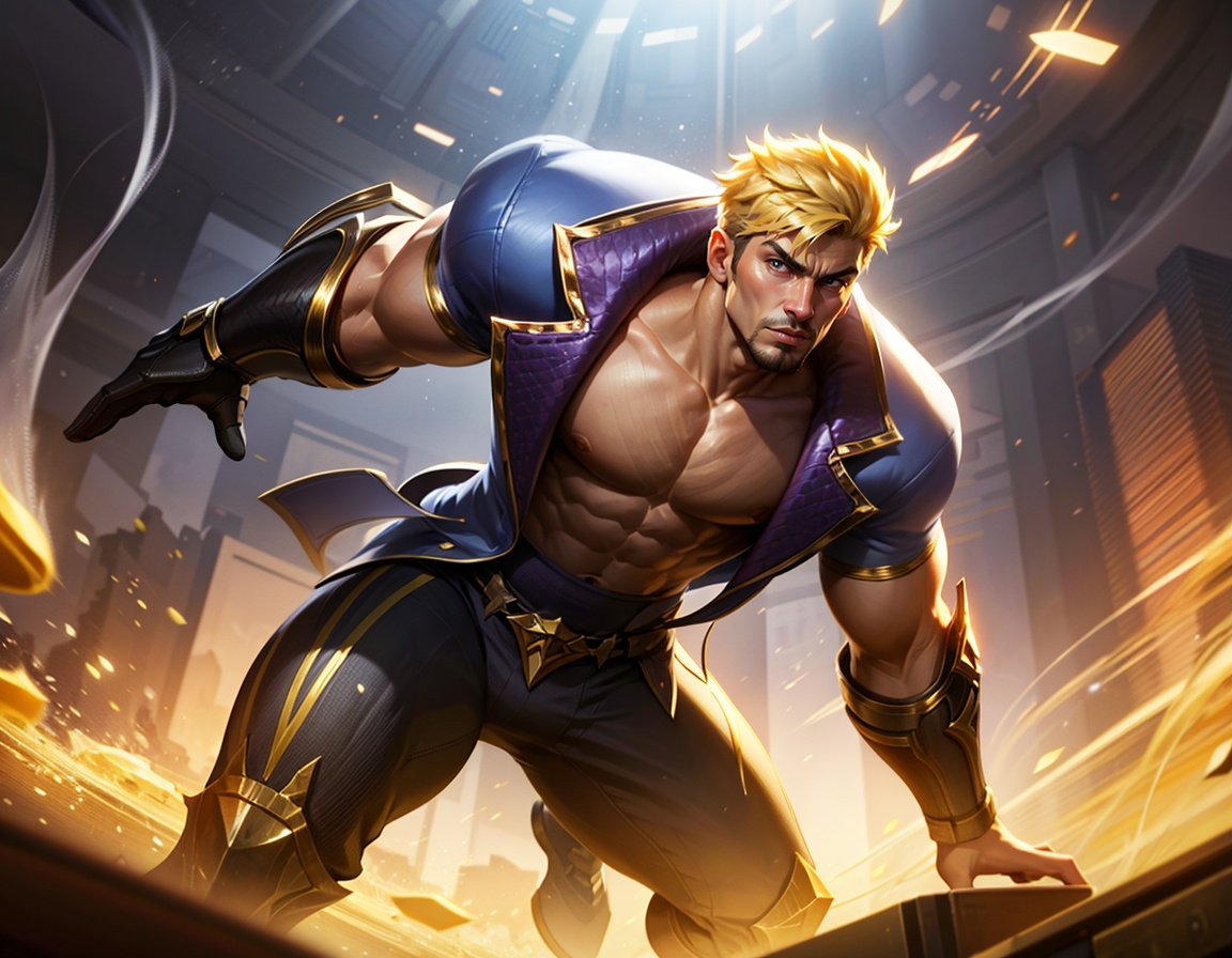 (masterpiece, best quality,top quality),(wide shot:0.95),league of legends,Dynamic angle,solo,1man,male focus,handsome face,young man,tight clothing,muscular,pectorals,looking at viewer,blond hair,depth_of_field,particle effects,<lora:【moba】lol淘宝款:0.8>,