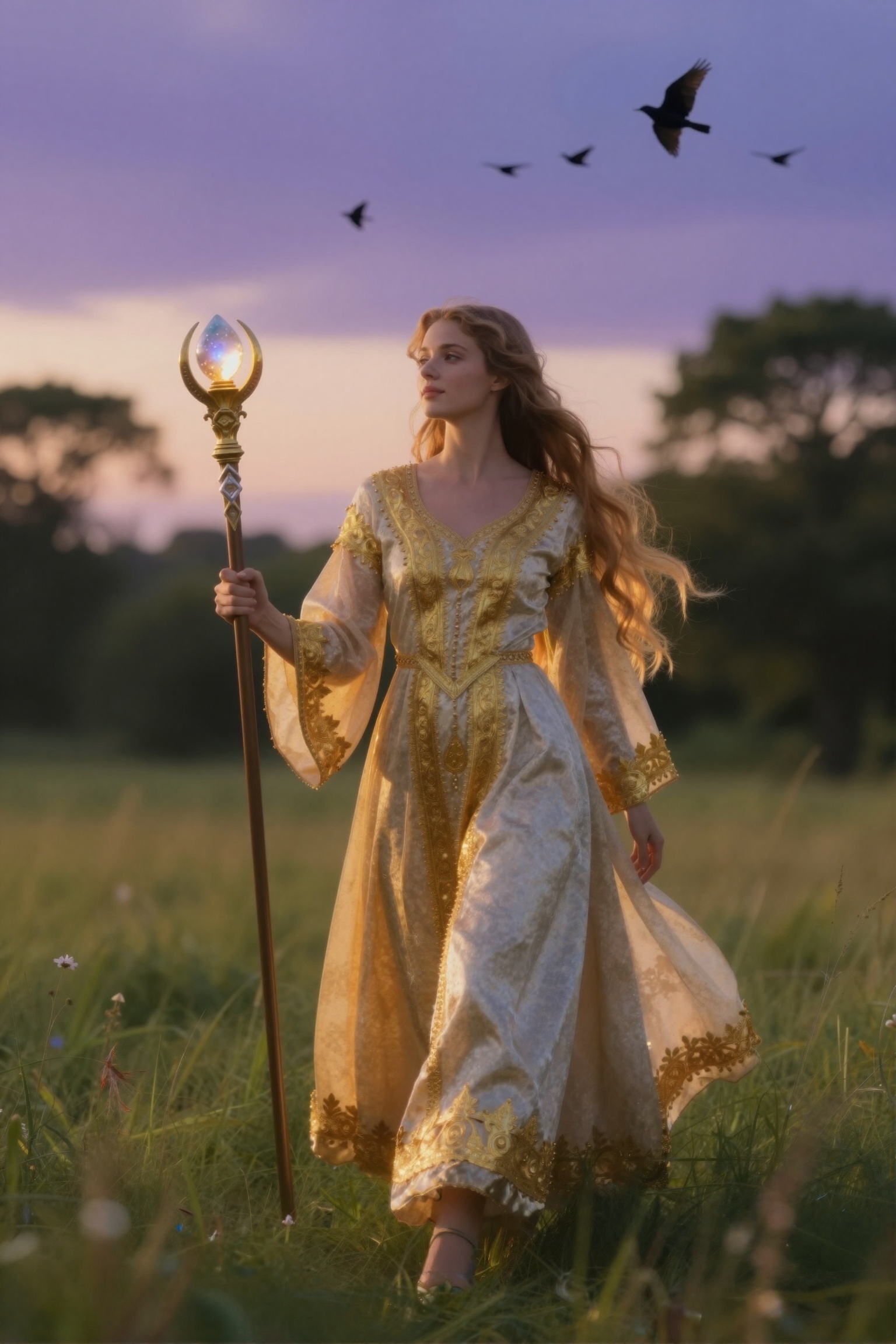A majestic figure strides confidently through a lush meadow,  wearing elegant attire adorned with intricate golden embroid...