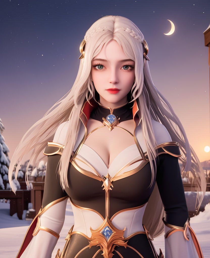 <lora:556-DA-神印王座-温柔一刀:0.8>(,1girl, ,best quality, ),looking at viewer,masterpiece, (( , )),, realistic,science fiction,mole, ultra realistic 8k cg, ,      ,outdoors, snow, snowing, snow on head, sun,sunset,sunlight,moonlight,full moon, red moon,  crescent moon,  crescent rose,  black rose,       (cleavage), (),