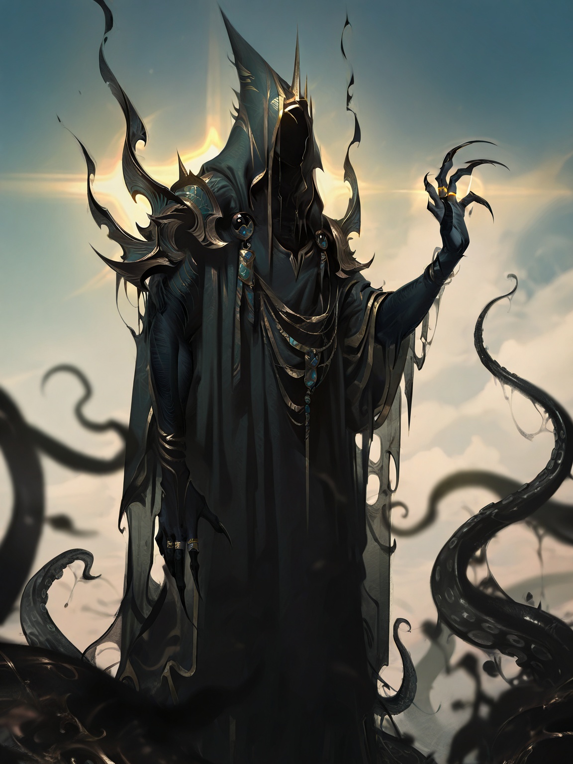 extremely detailed CG,masterpiece,best quality,detailed,highres,newest,recent,dramatic lighting,chiaroscuro,ray tracing,high detailed eyes,perfect eyes,depth of field,dynamic fuzzy,masterpiece,absurdres,incredibly absurdres,best quality,smooth skin,delicate hands,perfect proportions,masterpiece quality,8k,sharp focus,clean composition,no clutter,aesthetic pose,contour_deepening:0.2,<lora:万智牌-000010:0.95>,<lora:L0LSPL4SH_IllustriousXLv01:0.4>,<lora:写实游戏厚涂_v1:0.4>,<lora:USNR STYLE_XL_loha:0.4>,<lora:zhongguoduliu-v3-illustrious:0.3>,<lora:ck-shadow-circuit-IL:0.5>,MLiang wanzhi,tentacles,monster,1boy,armor,shoulder armor,robe,ring,hood,jewelry,male focus,claws,hood up,pauldrons,sharp fingernails,hooded robe,colored skin,spikes,solo,sky,