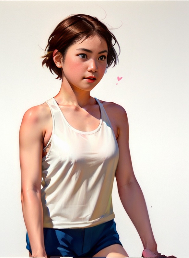 1girl, solo, short hair, simple background, brown hair, white background, brown eyes, shorts, **** top,<lora:SD1.5_Nianhua2:0.8>