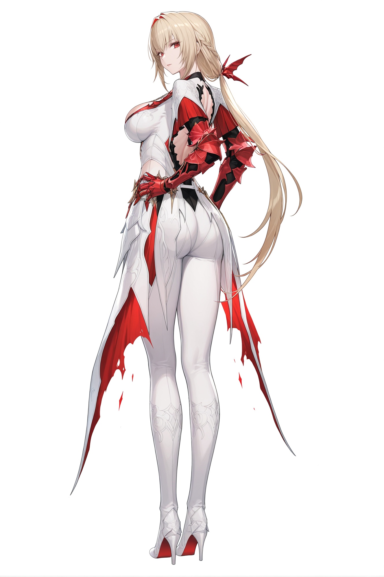 best quality,masterpiece,(ultra-detailed),(high detailed skin),full body,looking at viewer,(solo:1.2),simple background,(white background:1.2),hand on own hip,(white background:1.1),solo,<lora:Bianca-ill-Tanger-000014:0.8>,Bianca,clothes: chihong fantasy battle suit,red armored sleeves,clawed gloves,multicolored hair,1girl,breasts,red eyes,blonde hair,cleavage,long hair,gauntlets, armor, high heels, back, ponytail