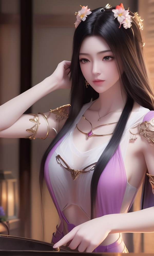 (,1girl, ,best quality, ),looking at viewer, <lora:395-DA-凡人修仙传-紫灵:0.8> ,ultra detailed background,ultra detailed background,ultra realistic 8k cg, , ,masterpiece, (( , )),, ultra realistic 8k cg, ,tamari \(flawless\),     ,lily \(flower\) ,full moon ,strawberry blossoms      (()), (), , jewelry, necklace, solo, , , , hair_ornament, , earrings,large breasts,,  , ,