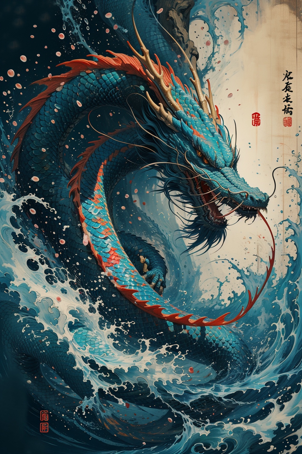 sdmai, guofenglong, no humans, water, dragon, scales, eastern dragon, fish, tongue <lora:国风龙sdmai,guofenglong:0.8>