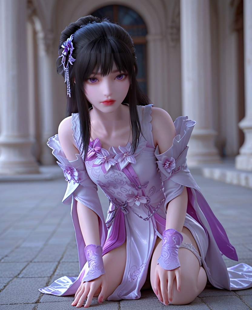 (oriental architecture, elegant decor, sophisticated style:1.1),Crouch and Ready, Squatting down, hands on the ground, ready to launch into action,,(breasts:1.2),<lora:XL完美世界小月婵:0.9>,1minigirl,solo,dress of pinky white,detached sleeves,purple eyes,bangs,hair ornament,black hair,long hair,flower ornament,wristband,eyelashes,lips,, zPDXL2, score_9, score_8_up, score_7_up BREAK realistic, masterpiece,best quality, highly detailed,, zPDXL3, zPDXL2,zPDXL, zPDXLxxx, zPDXLrl,