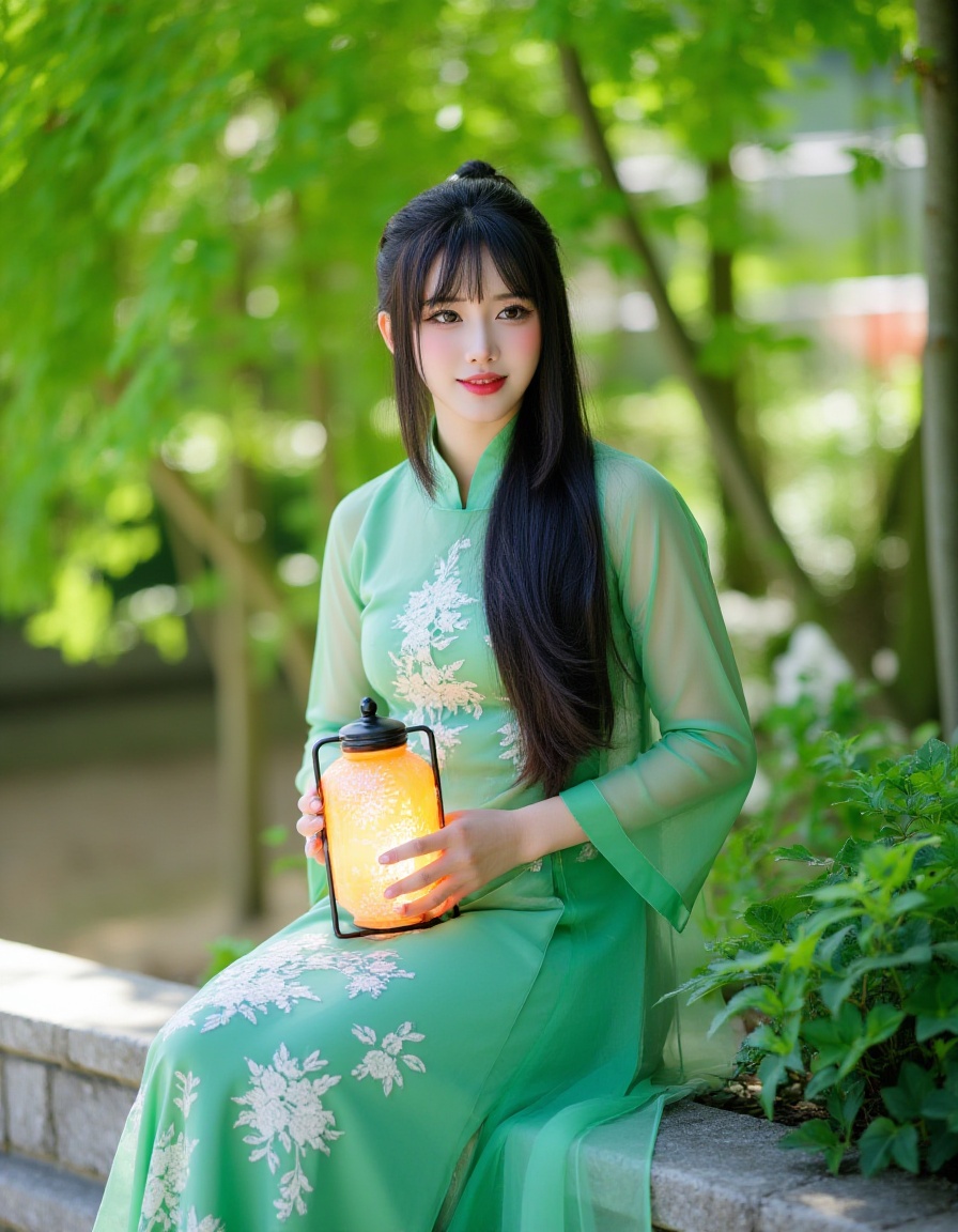 A photograph of an Asian woman with long,straight black hair,wearing a flowing green traditional Chinese dress with intricate patterns,sitting on a stone ledge. She holds a glowing lantern,with sunlight filtering through lush green foliage in the background. The serene,ethereal atmosphere is accentuated by soft,natural light.,