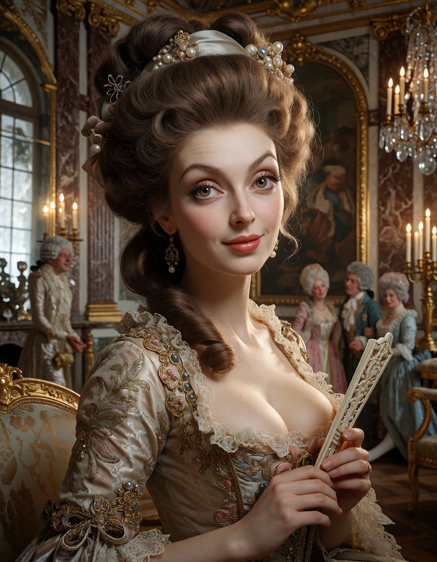 Ultraa€‘realistic cinematic portrait of a French noblewoman in the late 18th century,  standing in a luxurious Versailles...