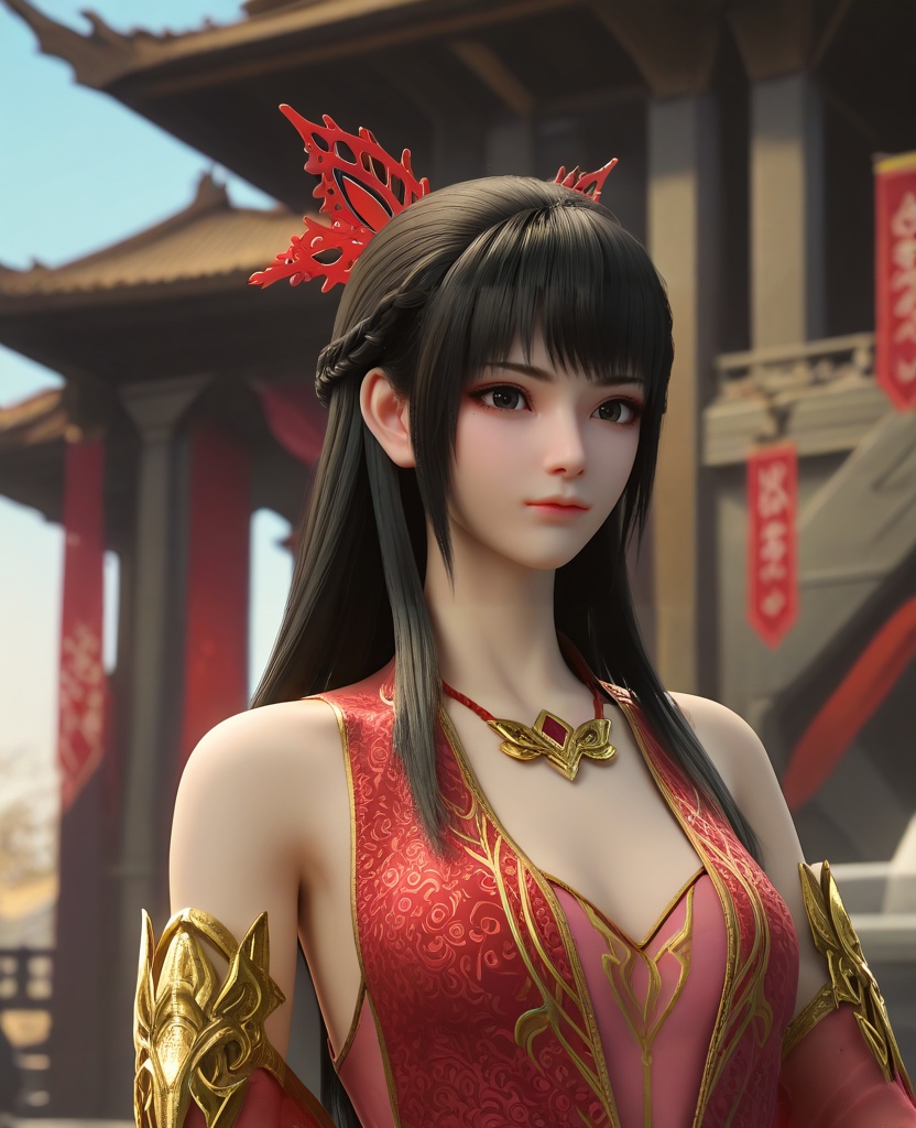 (oriental architecture, elegant decor, sophisticated style:1.1),standing in an s-shape,(breasts:1.2),<lora:XL16大主宰红绫:0.95>,1girl,red dress,mole under eye,black eyes,black hair,long hair,hair ornament,bare shoulders,, zPDXL2, score_9, score_8_up, score_7_up BREAK realistic, masterpiece,best quality, highly detailed,, zPDXL3, zPDXL2,zPDXL, zPDXLxxx, zPDXLrl,