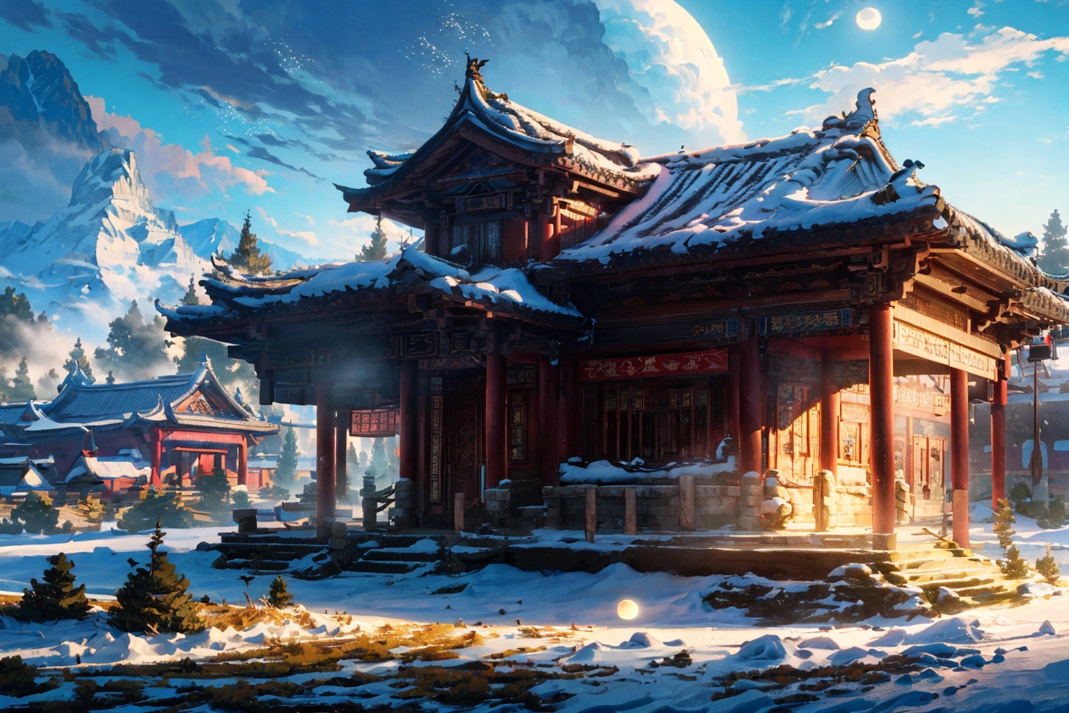 (masterpiece, top quality, best quality, official art, beautiful and aesthetic:1.2),((masterpiece, best quality, high quality, highres, ultra-detailed)),cloud,tiger,animal,white tiger,sky,monster,(look at viewer,outdoor,full body):1.5,Background\(night,(full moon):1.5,snow,chinese ancient buildings,courtyards,mysterious pavilions,mountains,forest\),masterpiece,best quality,unreal engine 5 rendering,movie light,movie lens,movie special effects,detailed details,HDR,UHD,8K,CG wallpaper