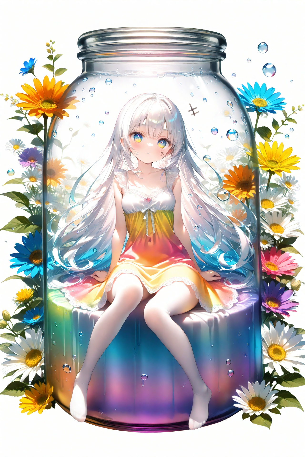 (masterpiece),(best quality),illustration,ultra detailed,hdr,Depth of field,(colorful),loli,(flowers background:1.45),(transparent background:1.3)(an extremely delicate and beautiful girl inside of glass jar:1.2),(glass jar:1.35),(solo:1.2),(full body),(beautiful detailed eyes, beautiful detailed face:1.3),(sitting ),(very long silky hair, float white hair:1.15),(medium_breasts, tally and skinny:1.2),(Colorful dress:1.3),(extremely detailed lace:0.3),(insanely detailed frills:0.3),(hairband , orange hair_ornament:1.25),orange cans,water surface,full body,(bottle filled with orange water,bottle filled with Fanta:1.25),(many fruits in jar, many Sliced_fruits in jar:1.25),(many bubbles:1.25),