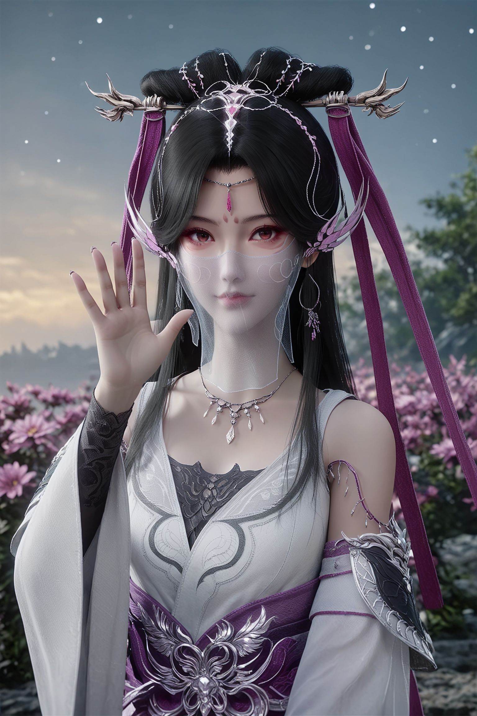 score_9,score_8_up,score_7_up,score_6_up,(arms_up:1.1),(waving:1.1),1girl,solo,gaden,the background is full of flowers,starry Nebula,beautiful detailed sky,looking at viewer,hand up,<lora:仙逆-紫芯Pony:0.7>,long black hair adorned with ornate,intricate headpieces.dressed in a flowing,white,off-the-shoulder gown with intricate,silver,dragon-like designs on the chest and sleeves.,